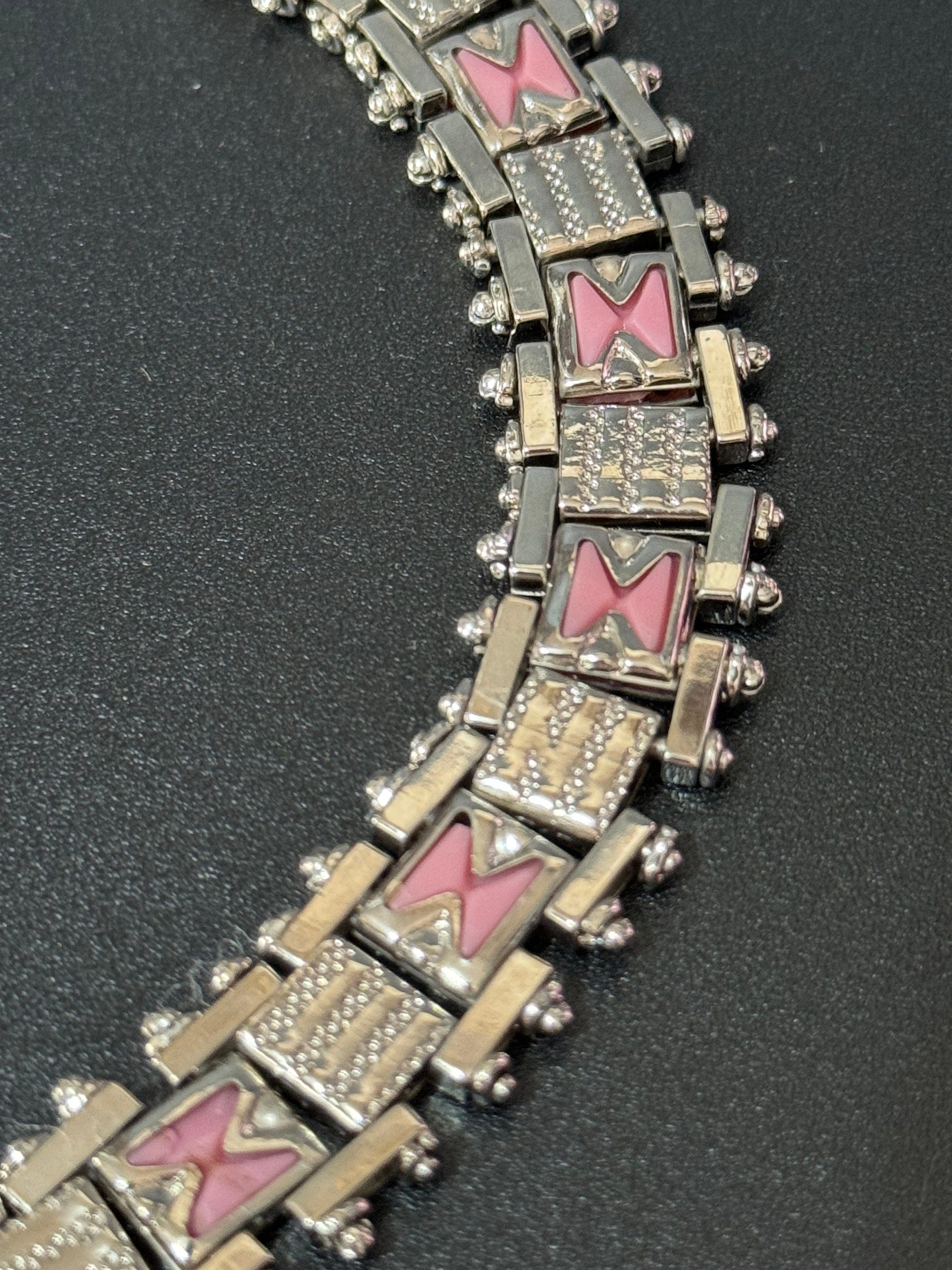 Antique Jakob Bengel Bracelet: 1920s Chromed Metal Pink Enamel Geometric Chain Link