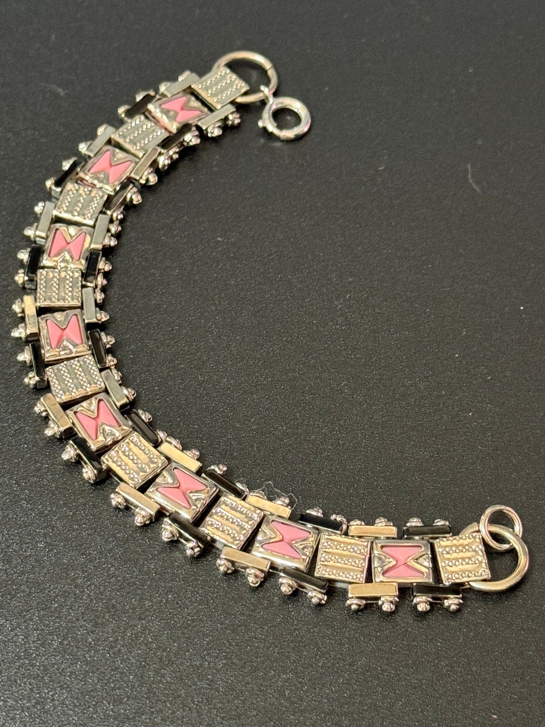 Antique Jakob Bengel Bracelet: 1920s Chromed Metal Pink Enamel Geometric Chain Link