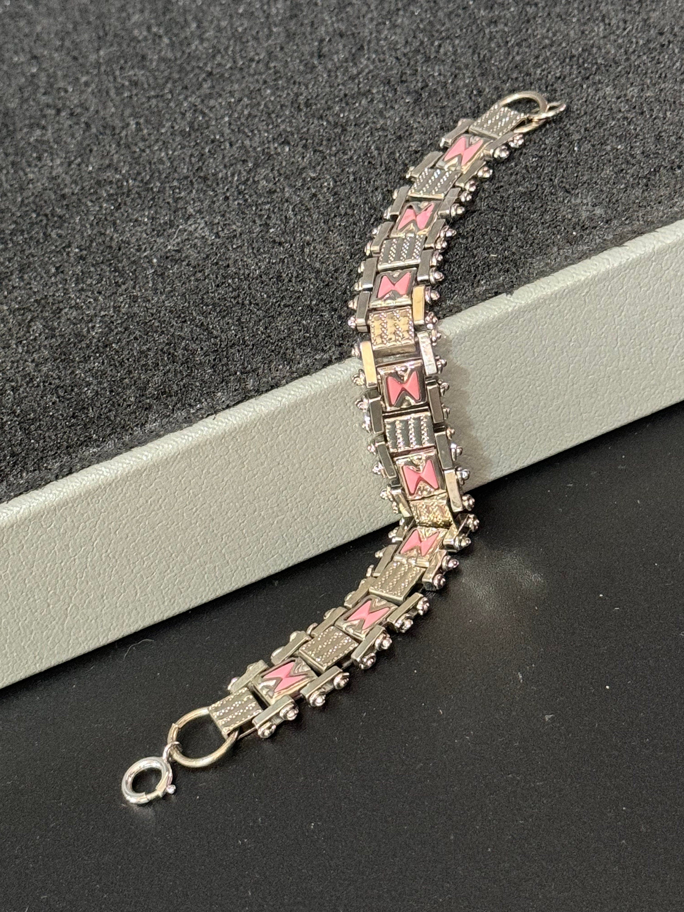 Antique Jakob Bengel Bracelet: 1920s Chromed Metal Pink Enamel Geometric Chain Link
