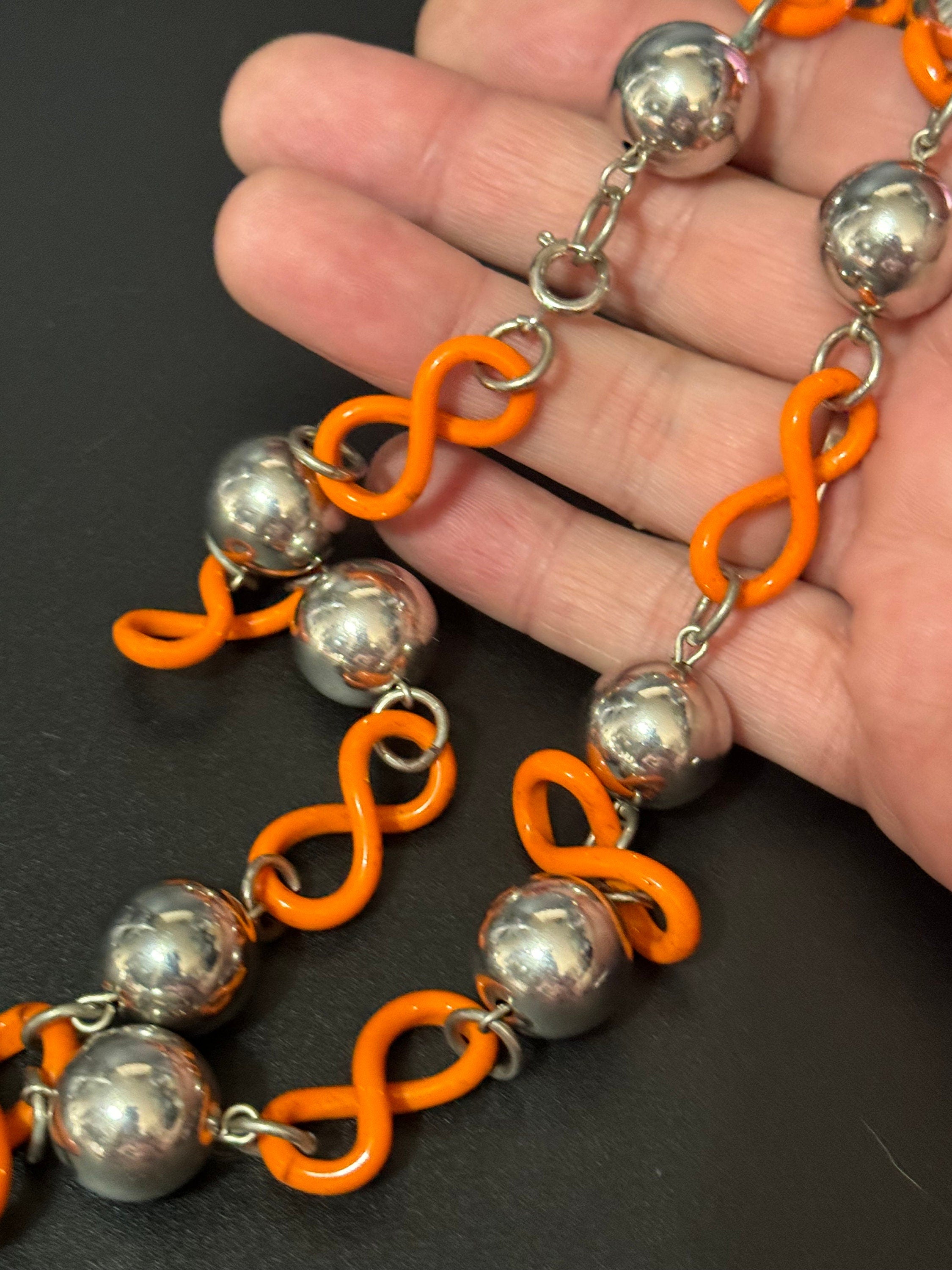 Art Deco Jakob Bengel Necklace: Chrome, Orange Galalith, Geometric Beads