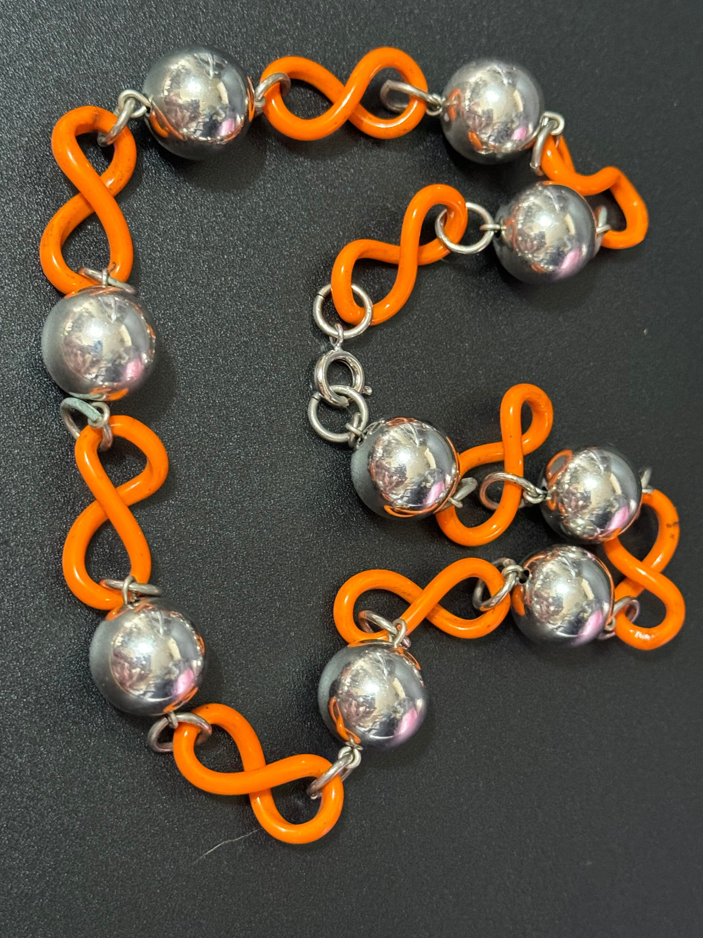 Art Deco Jakob Bengel Necklace: Chrome, Orange Galalith, Geometric Beads