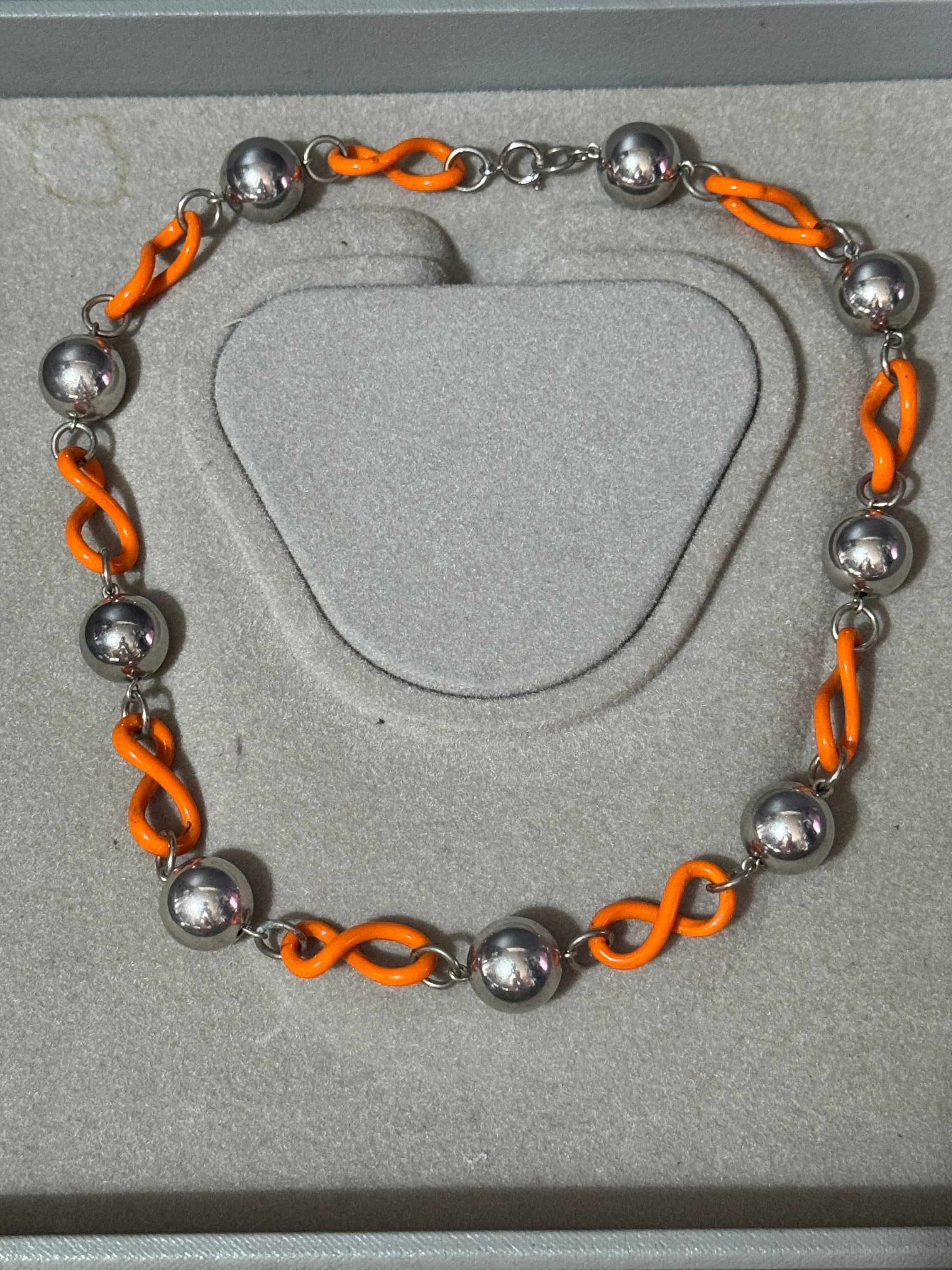 Art Deco Jakob Bengel Necklace: Chrome, Orange Galalith, Geometric Beads
