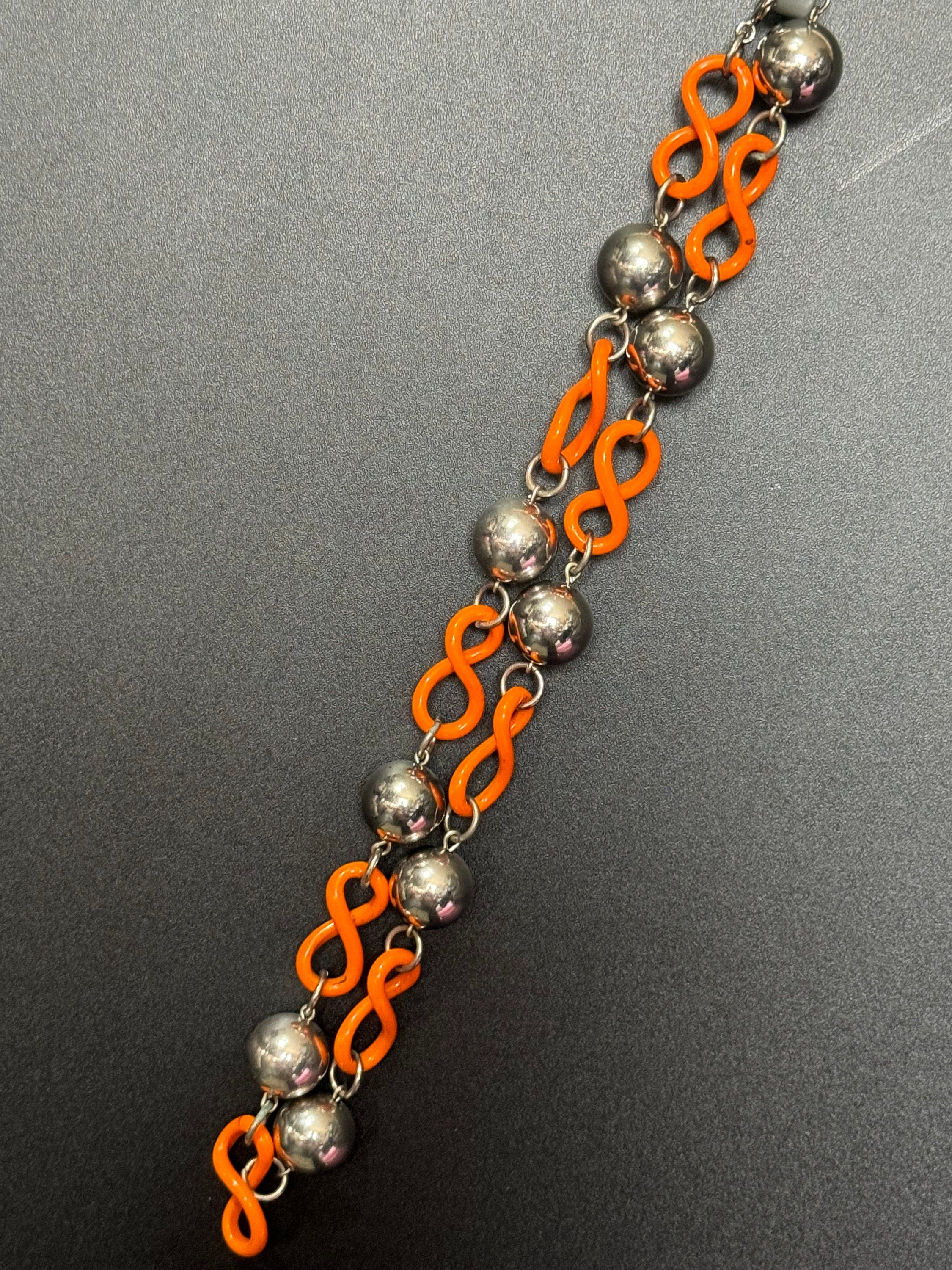 Art Deco Jakob Bengel Necklace: Chrome, Orange Galalith, Geometric Beads
