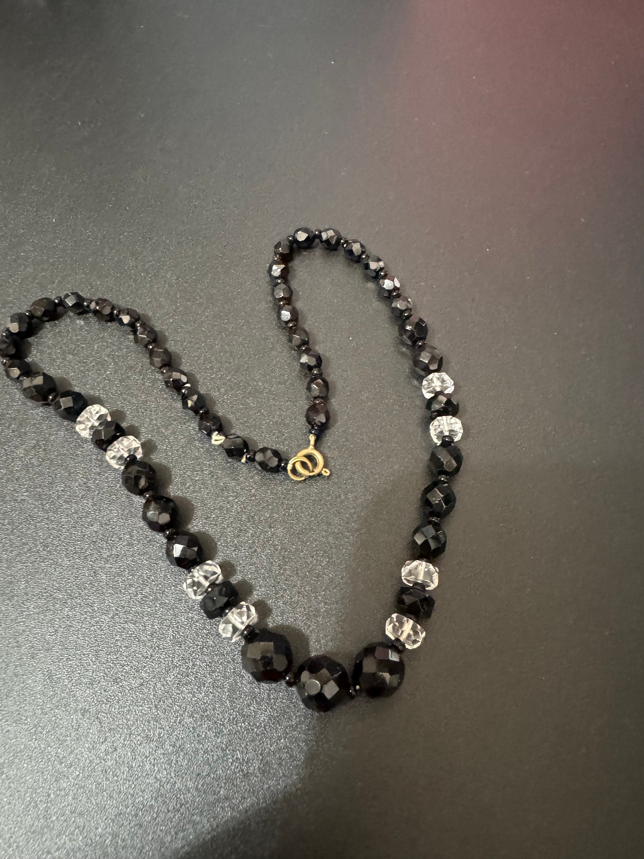 art deco black clear necklace, monochrome 44cm