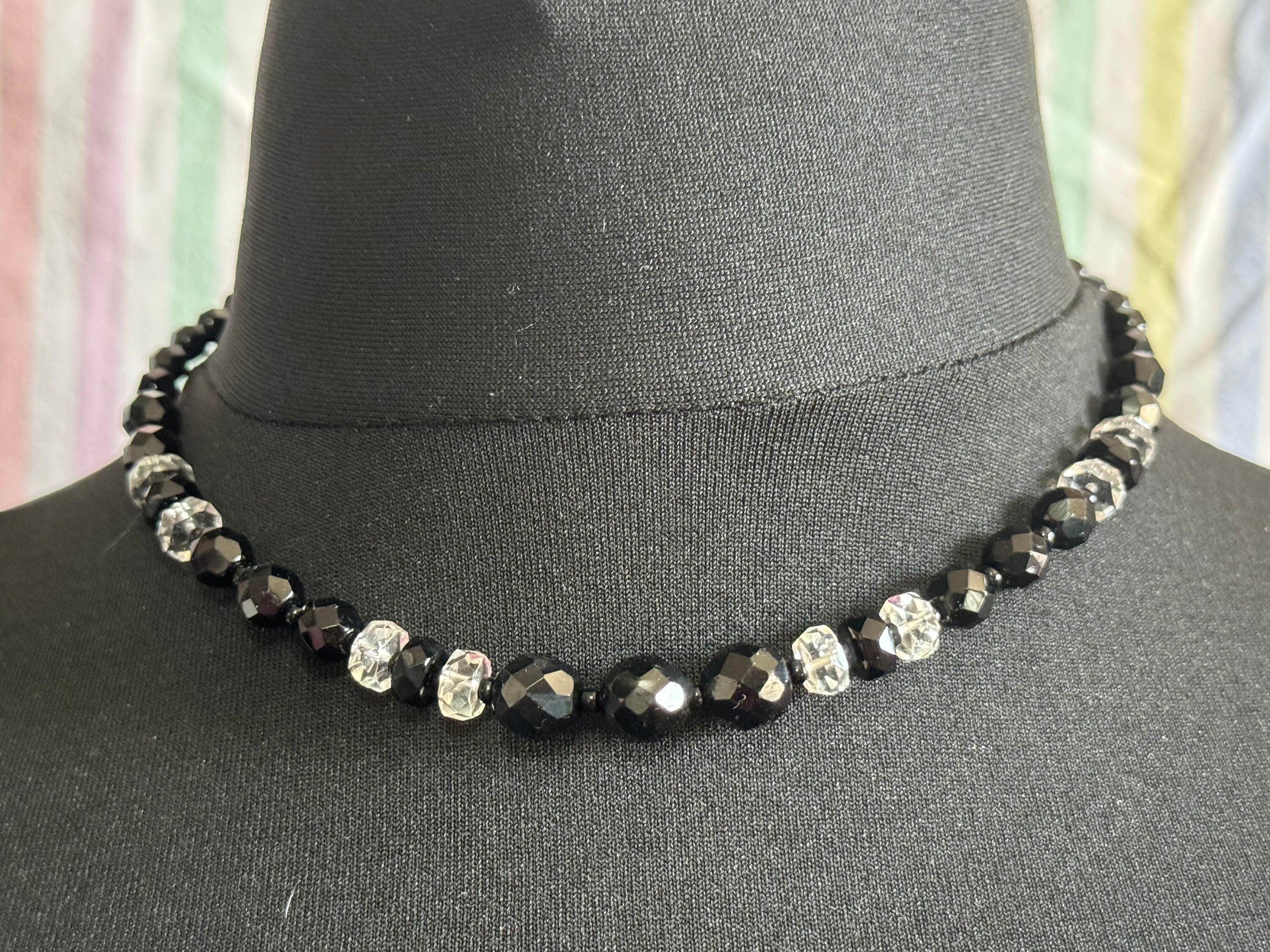art deco black clear necklace, monochrome 44cm
