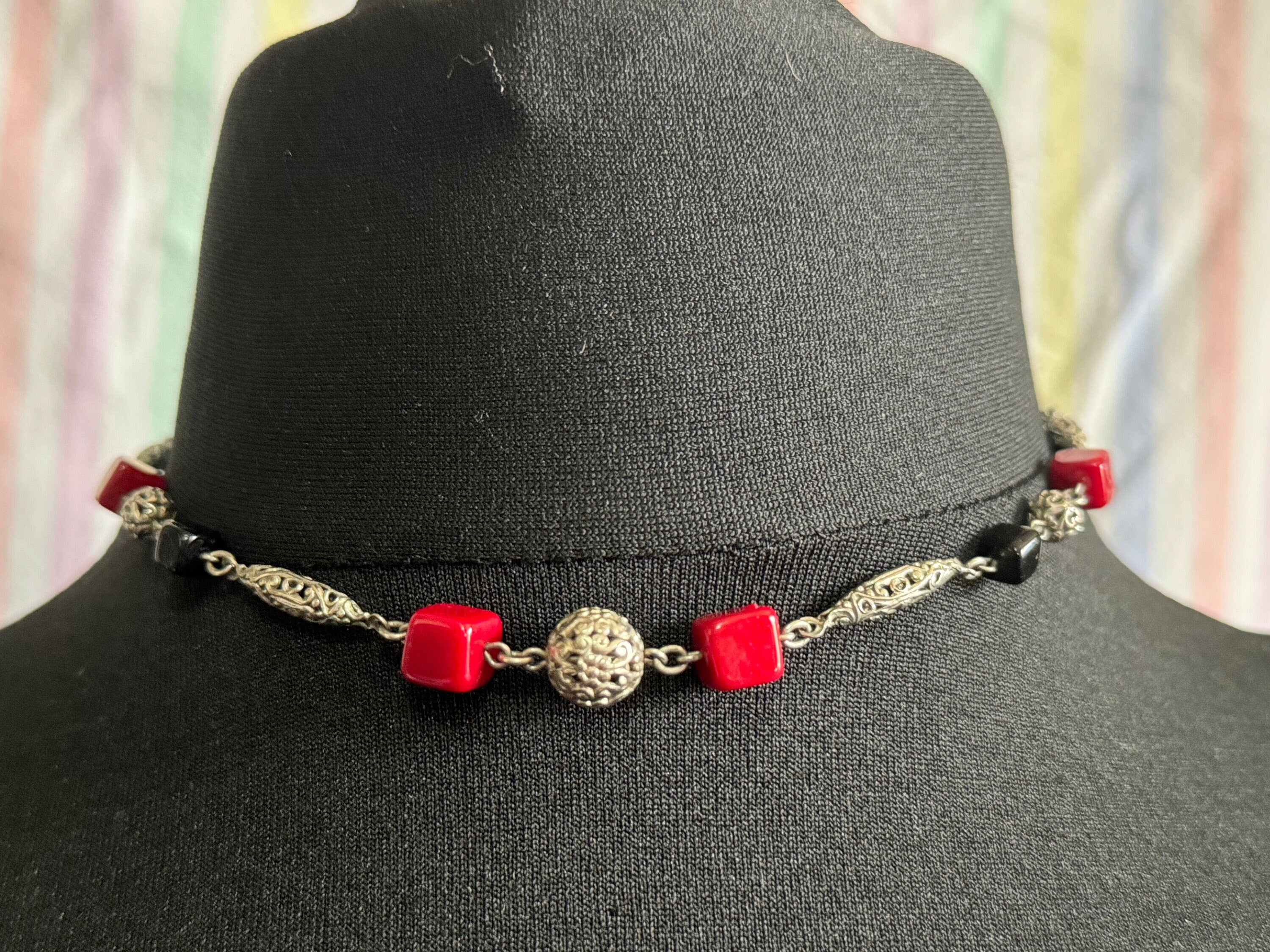 Czech silver filigree red glass square beaded necklace 1920s art deco