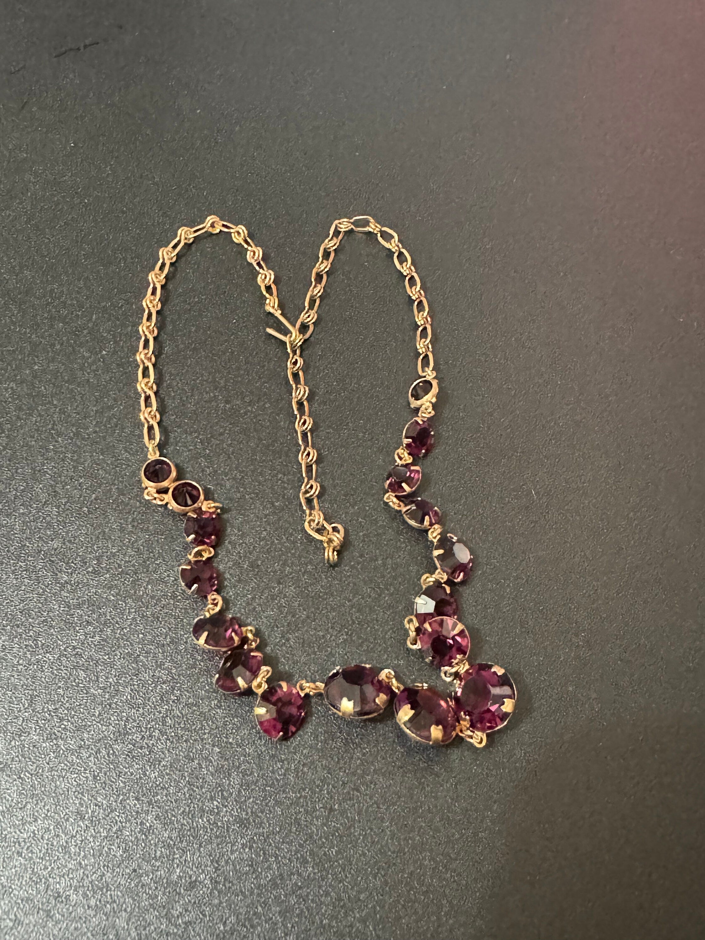 purple glass Rivière bezel set necklace deep amethyst faceted vintage gold tone