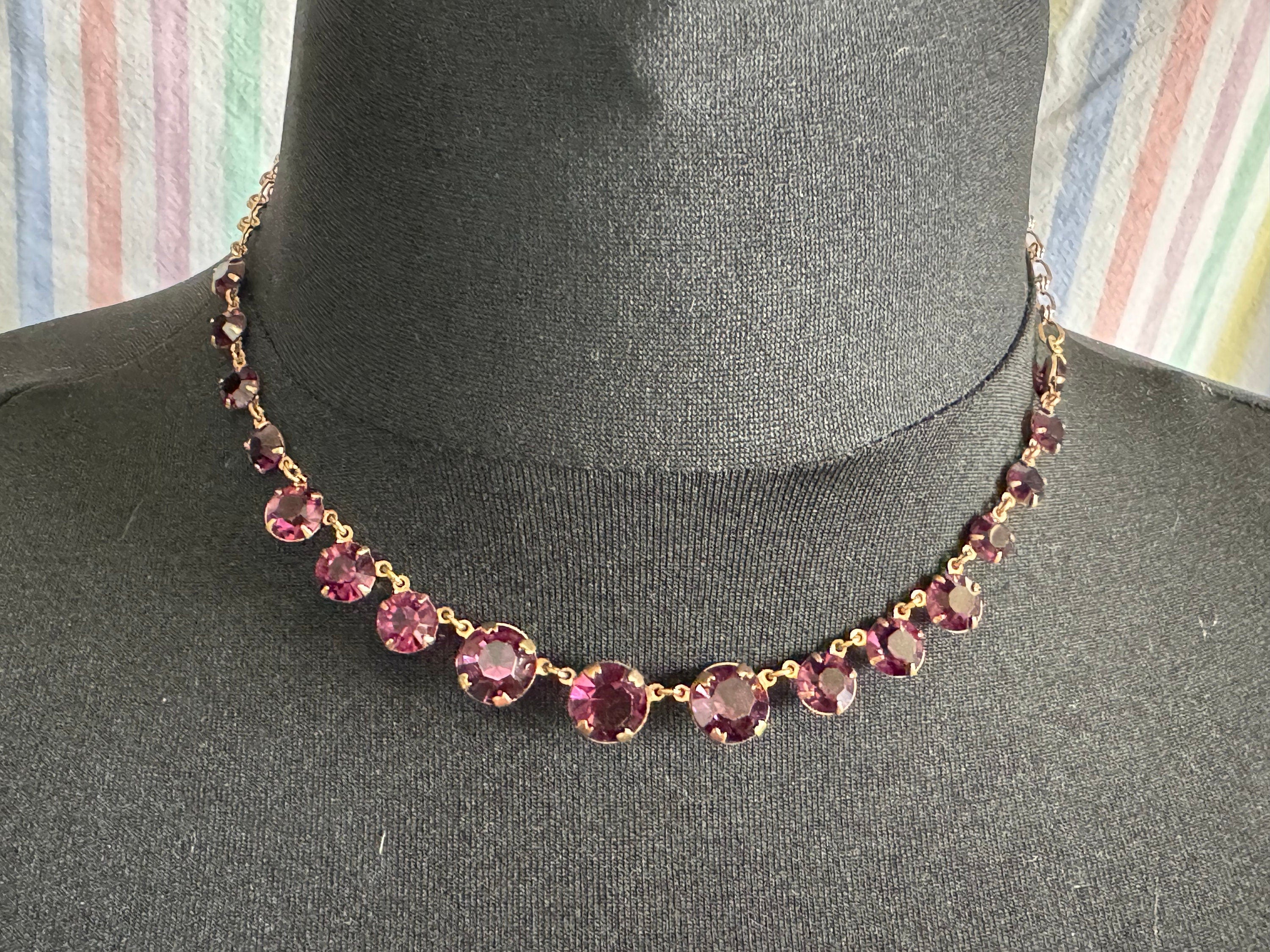purple glass Rivière bezel set necklace deep amethyst faceted vintage gold tone