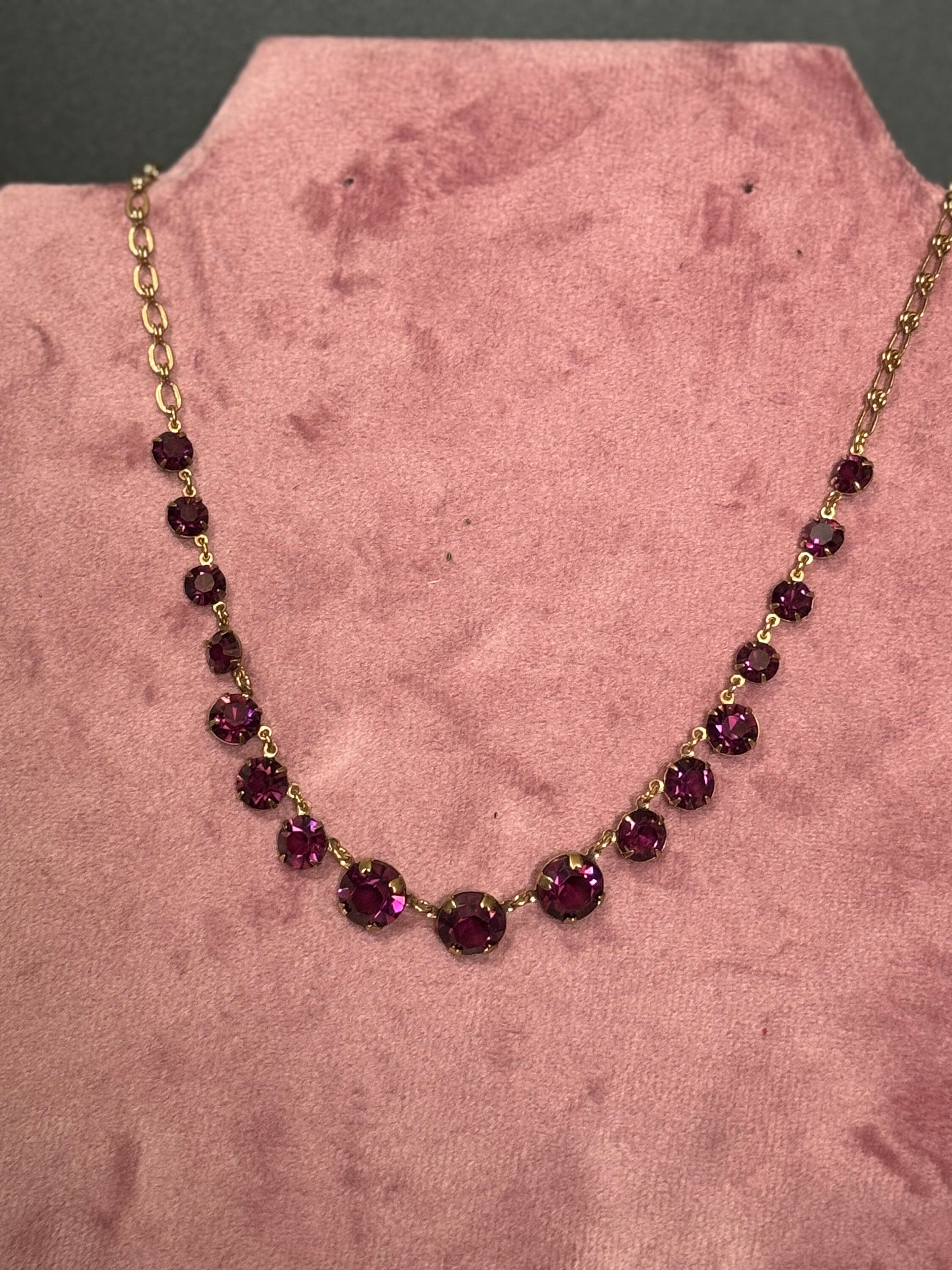purple glass Rivière bezel set necklace deep amethyst faceted vintage gold tone