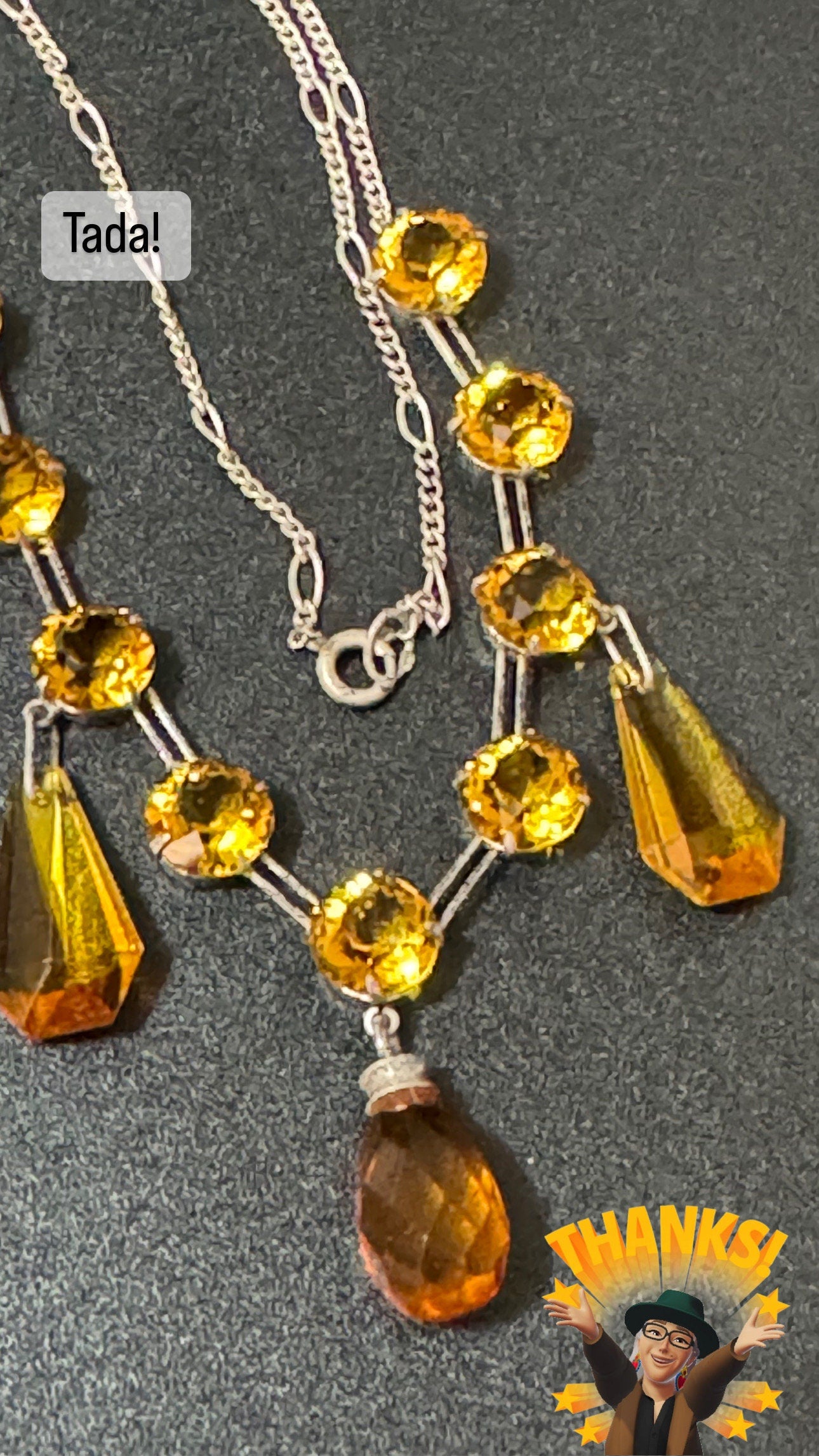 As found Art Deco open back crystal amber orange citrine glass squares antique necklace drop 1900s 1920s