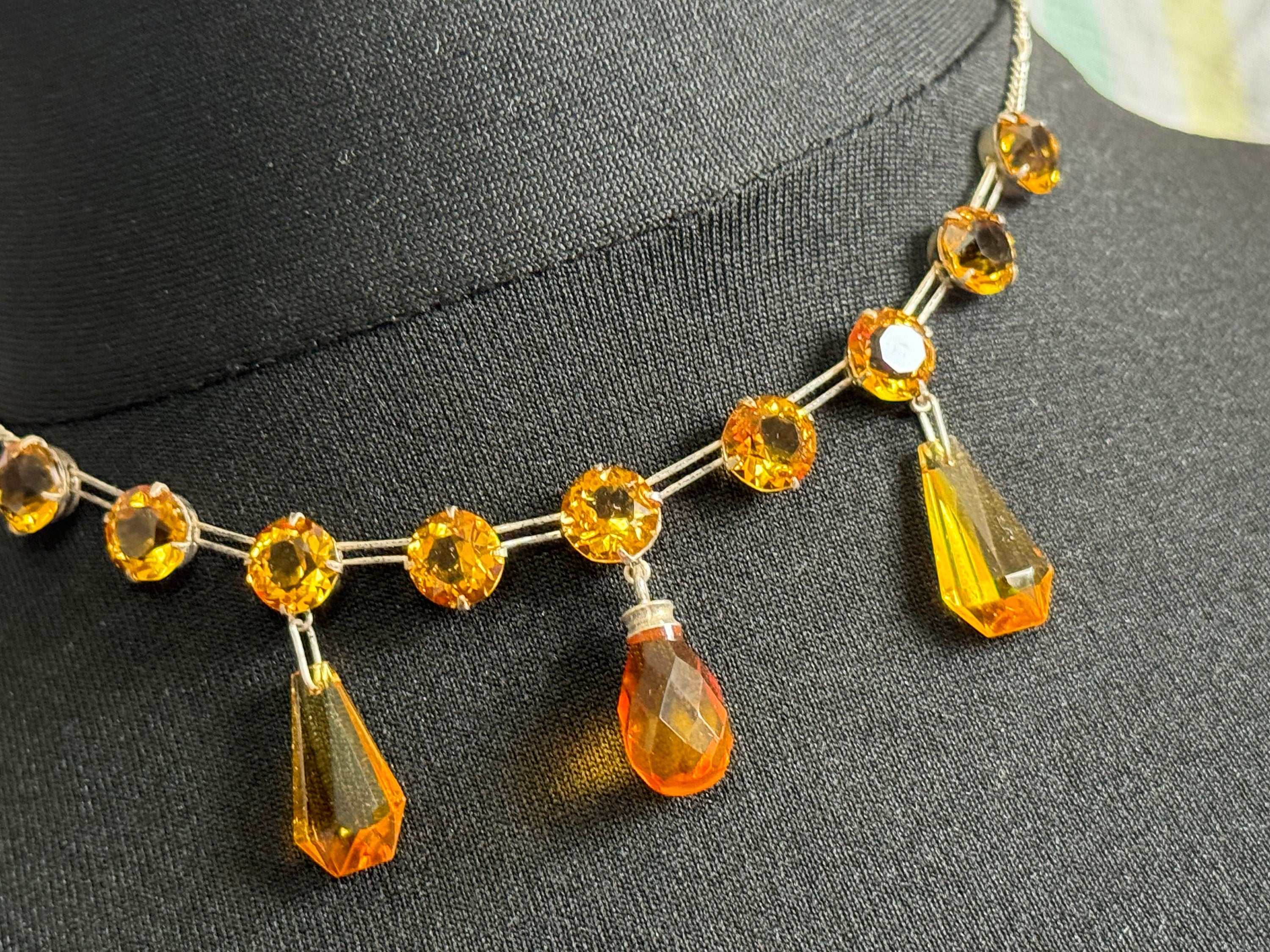 As found Art Deco open back crystal amber orange citrine glass squares antique necklace drop 1900s 1920s