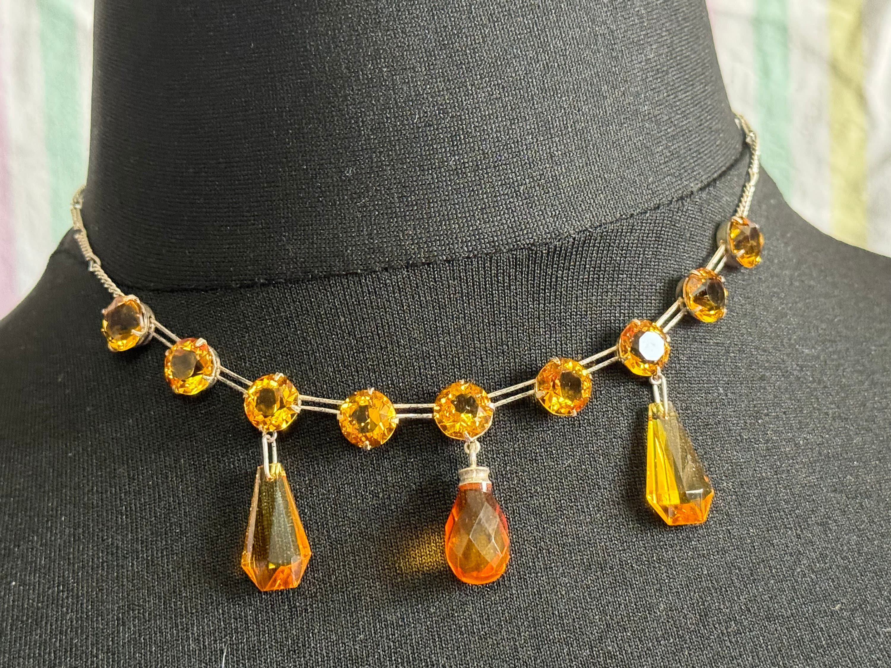 As found Art Deco open back crystal amber orange citrine glass squares antique necklace drop 1900s 1920s