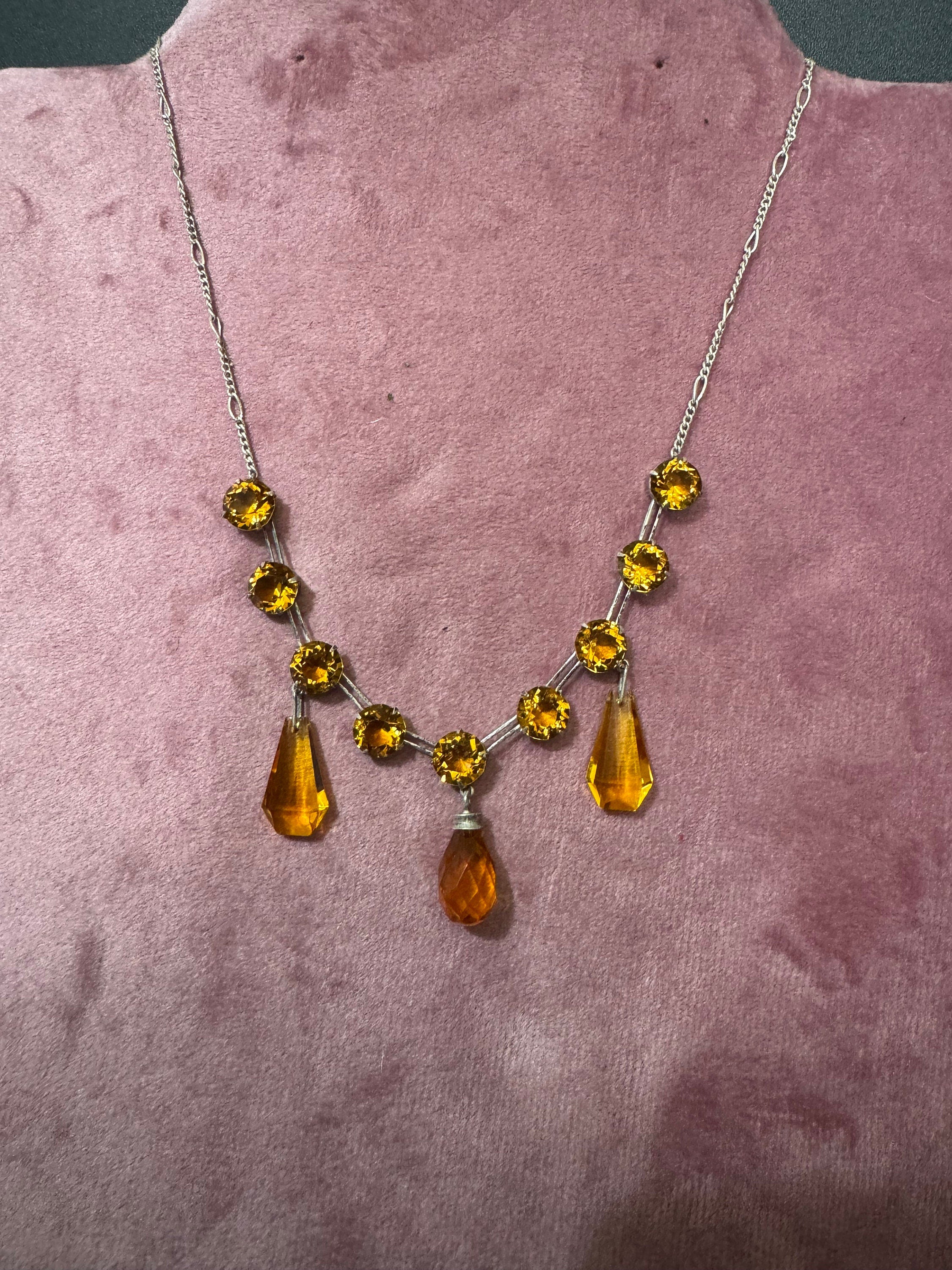 As found Art Deco open back crystal amber orange citrine glass squares antique necklace drop 1900s 1920s