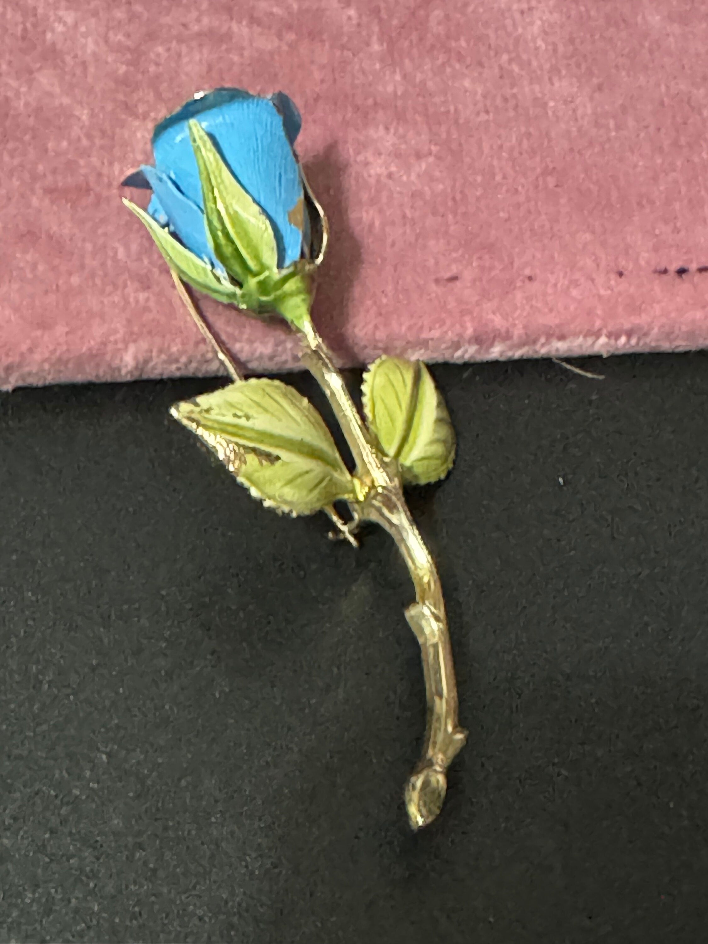 Vintage large 7cm gold tone blue enamel rose brooch