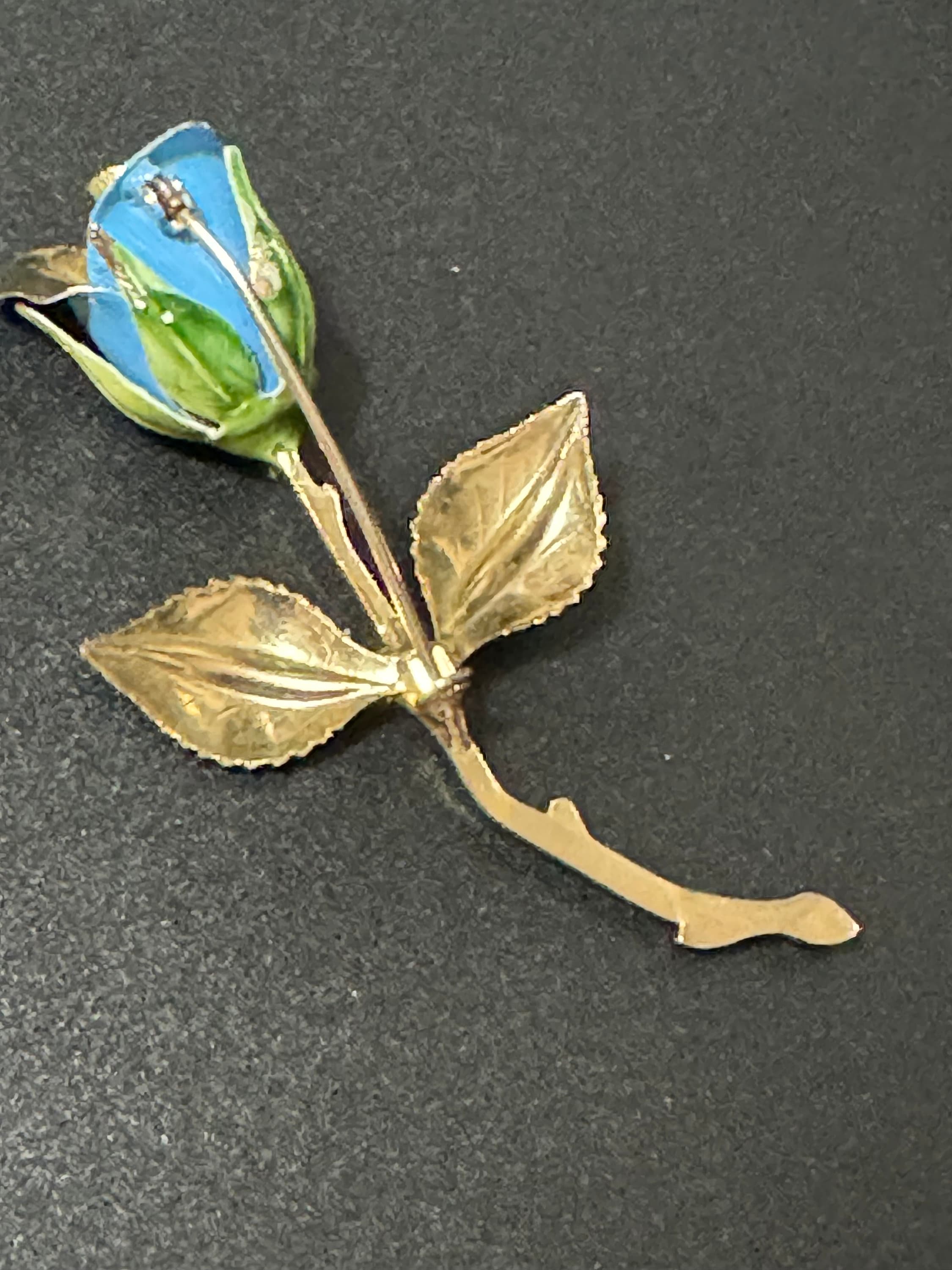 Vintage large 7cm gold tone blue enamel rose brooch