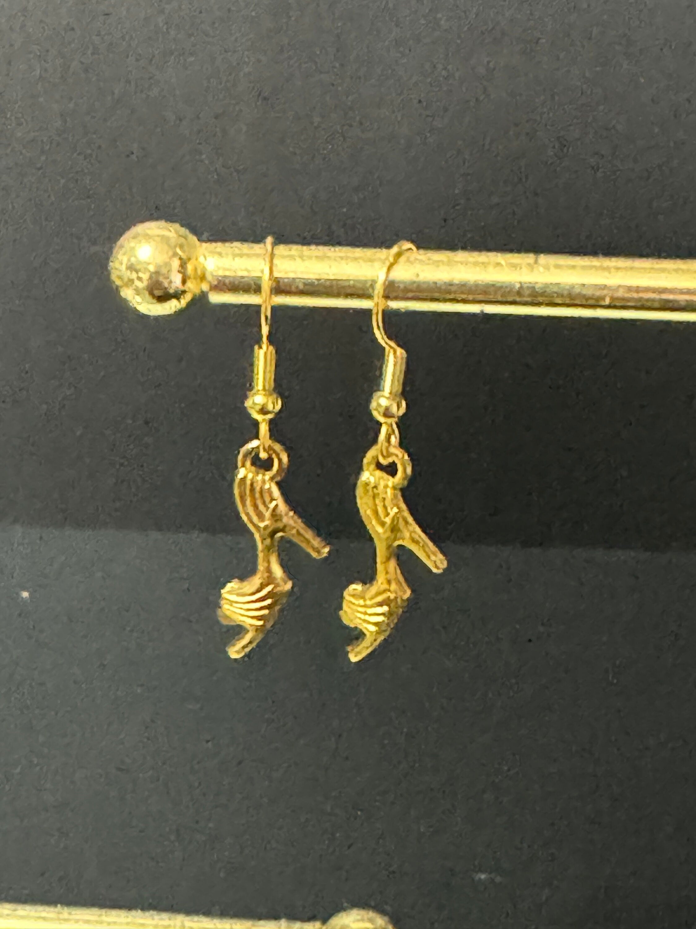 Gold tone stiletto high heeled shoe drop earrings for pierced ears