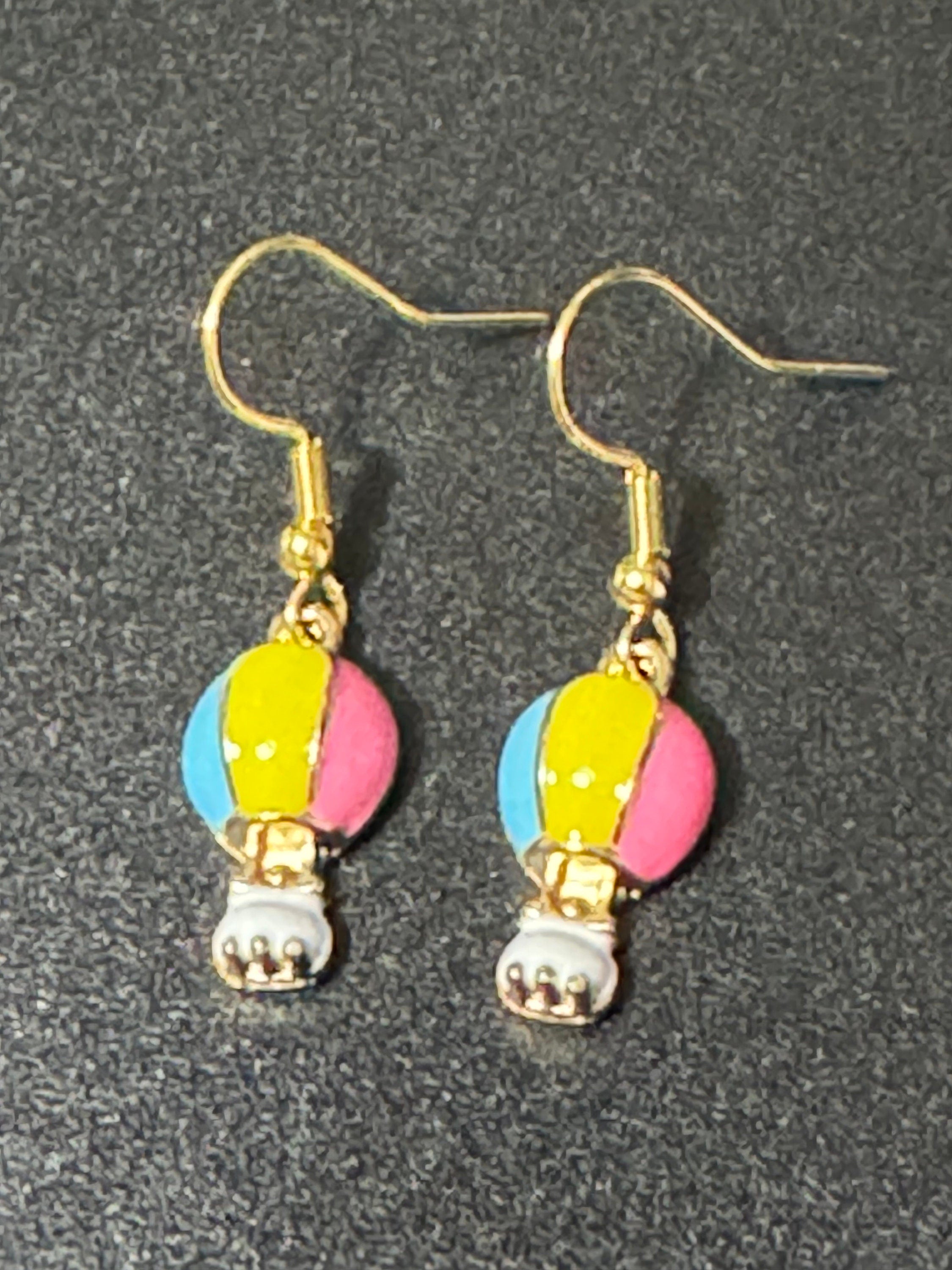 Novelty pink yellow blue enamel small hot air balloon drop earrings for pierced ears