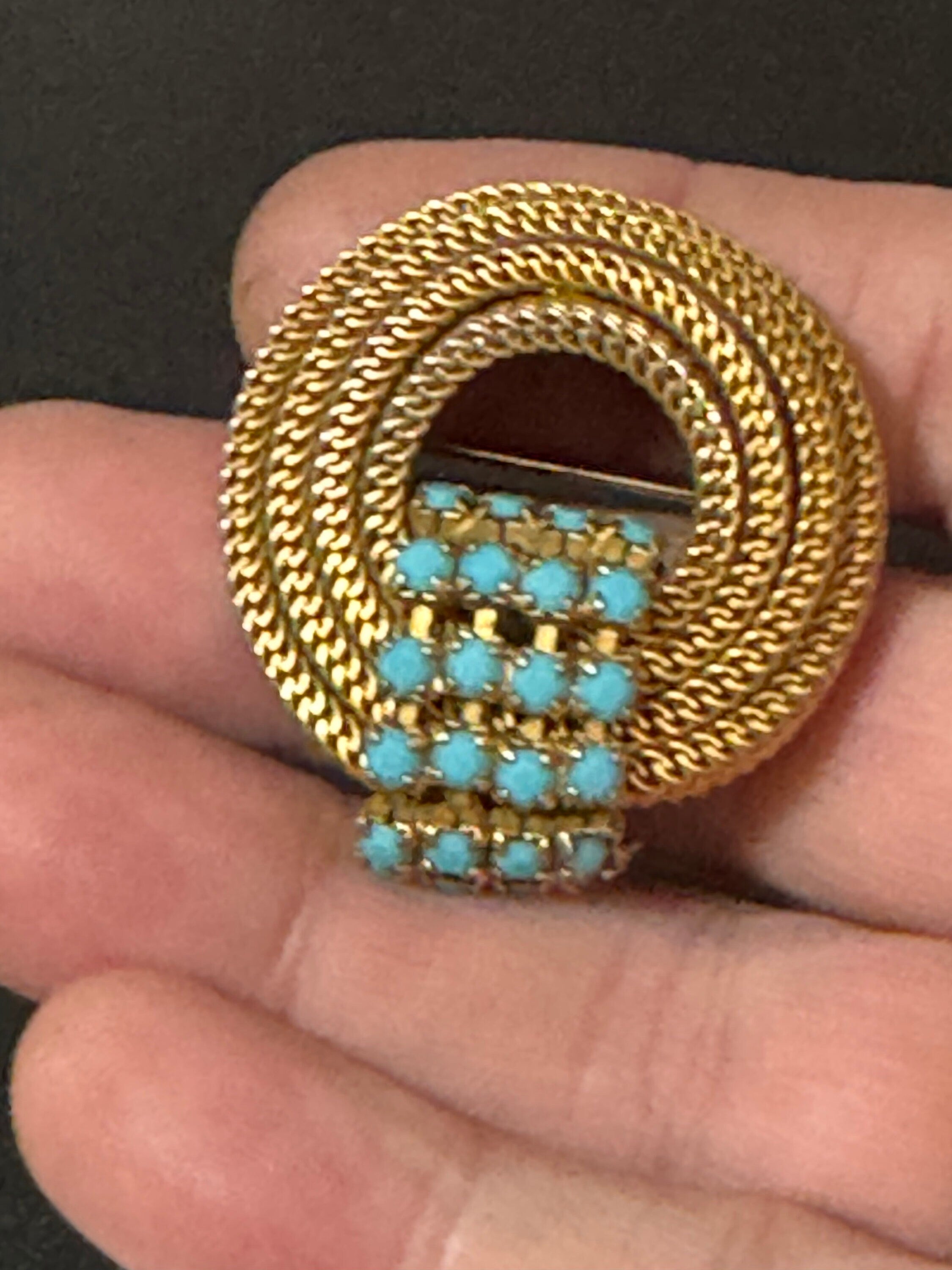 vintage modernist mid century gold tone mesh turquoise beaded abstract swirl round knot brooch 4cm 1960s 1970s