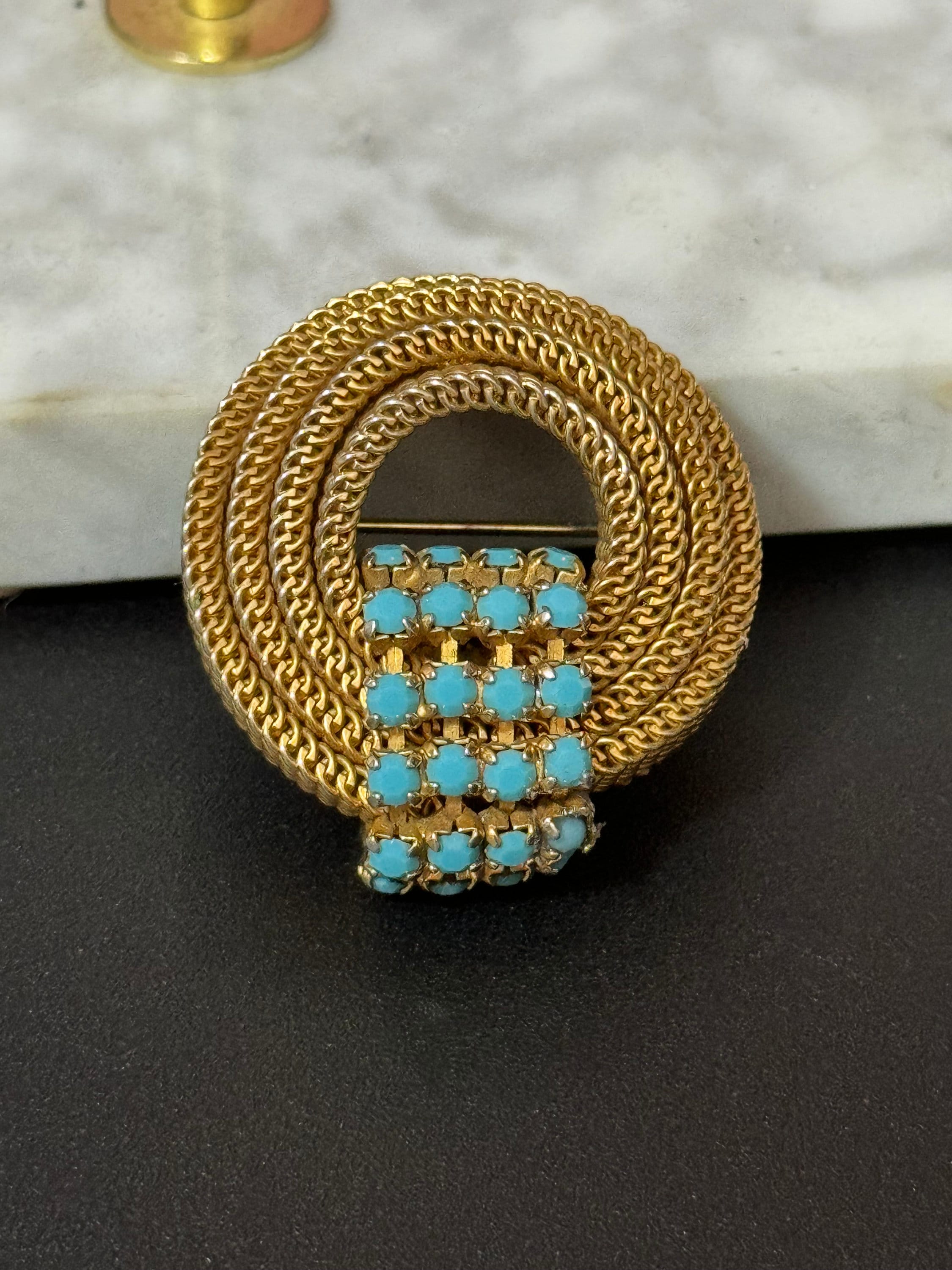 vintage modernist mid century gold tone mesh turquoise beaded abstract swirl round knot brooch 4cm 1960s 1970s