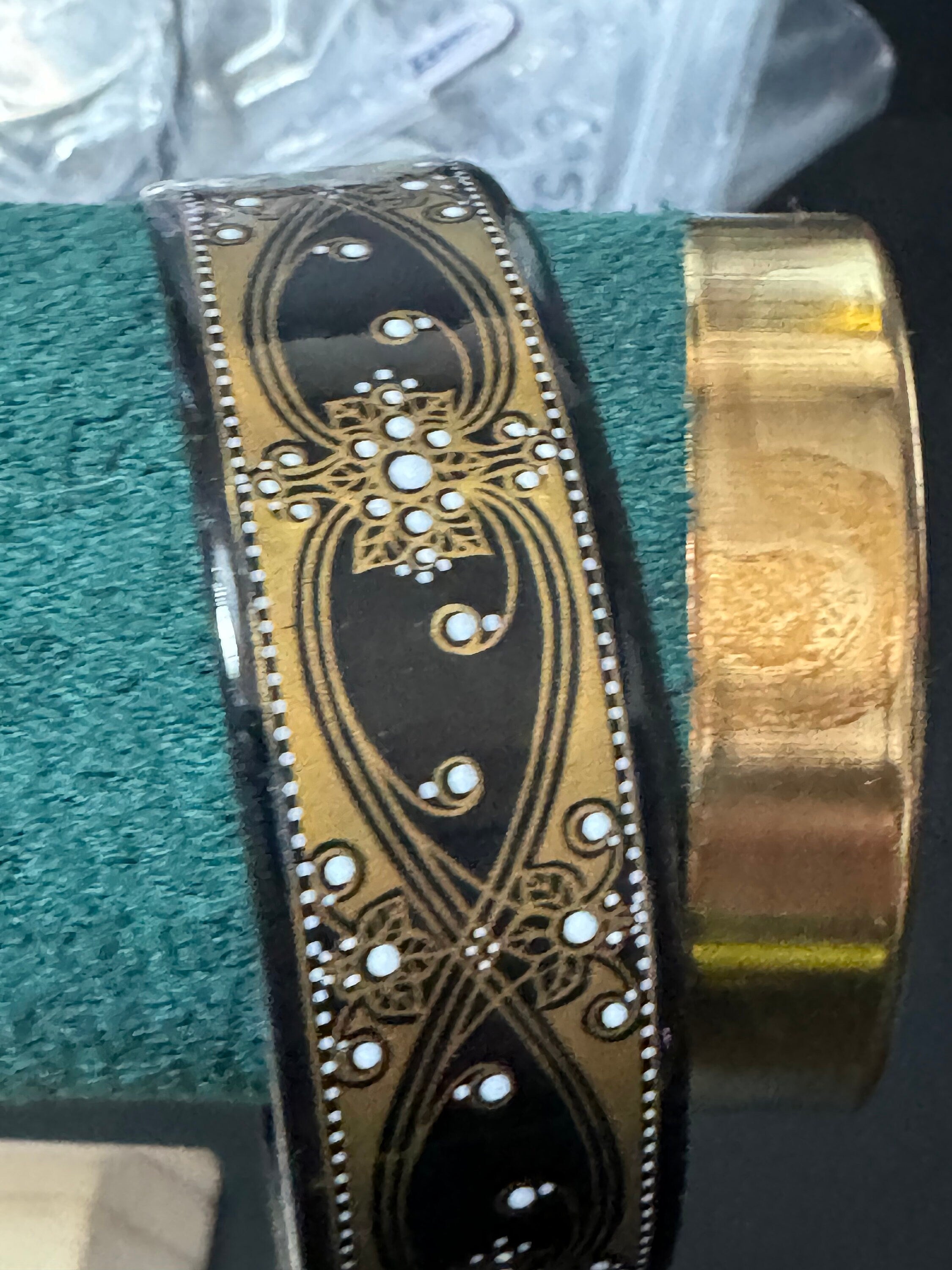 Vintage Michaela Frey black and gold enamel bangle, antique style wide from Austria
