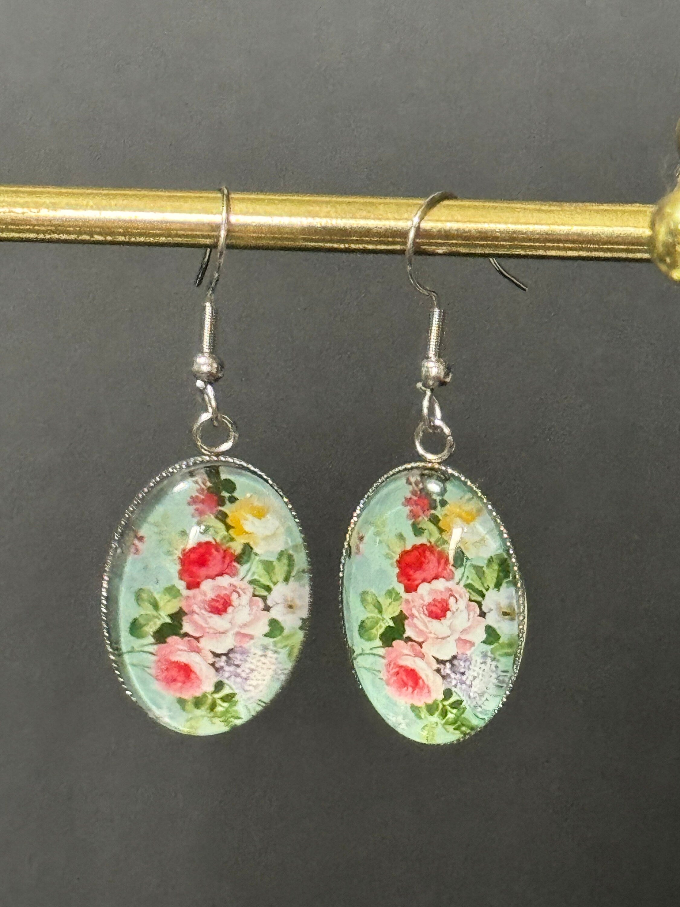 Garden flowers Green Pink roses oval glass cabochon pierced drop earrings non tarnish stainless steel