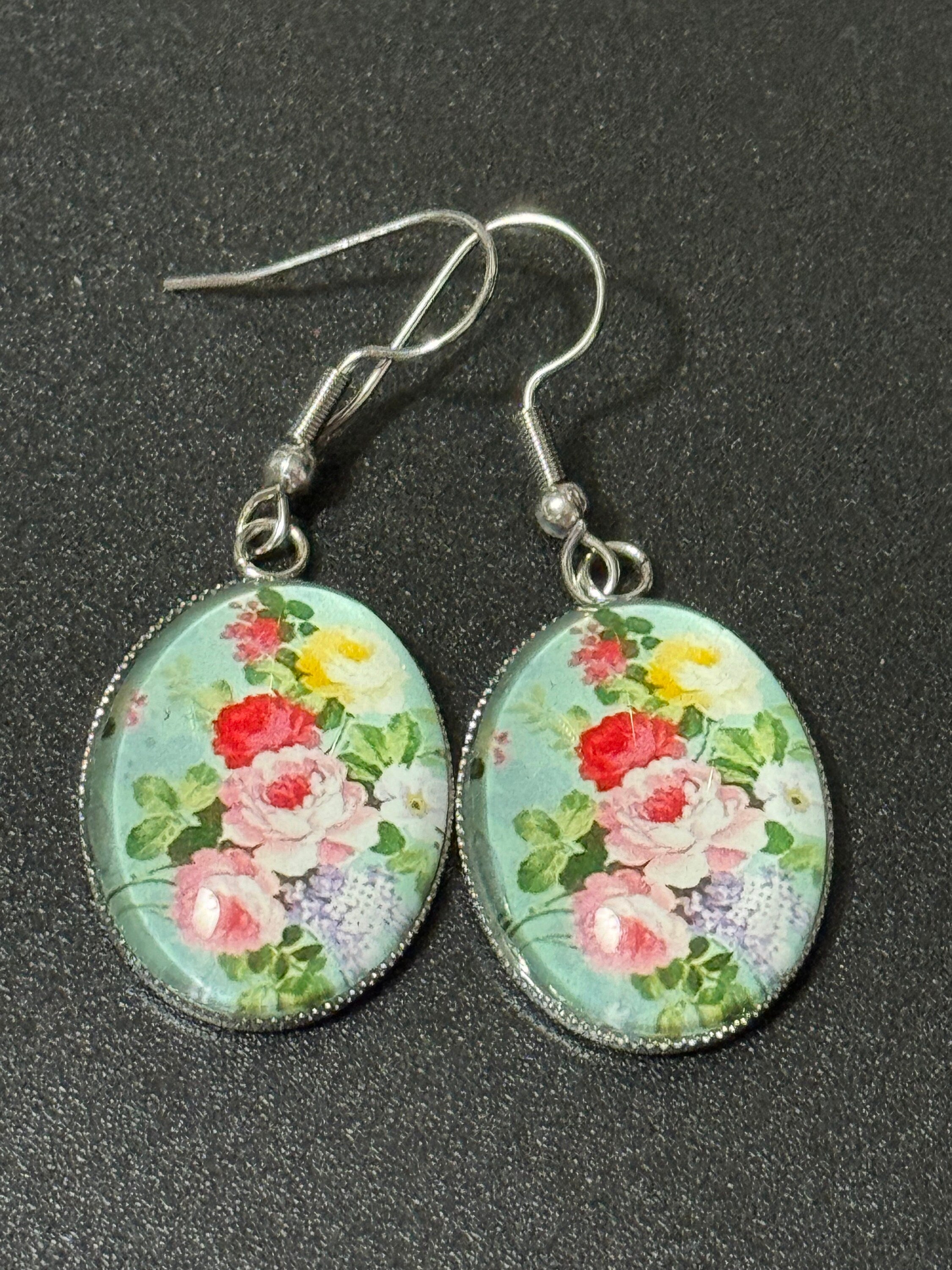 Garden flowers Green Pink roses oval glass cabochon pierced drop earrings non tarnish stainless steel