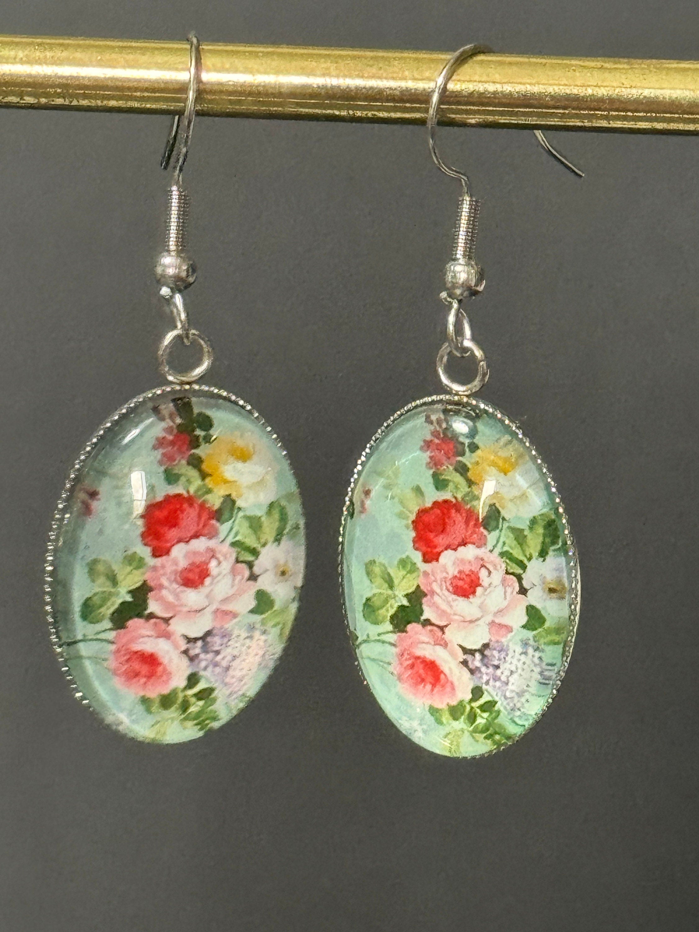 Garden flowers Green Pink roses oval glass cabochon pierced drop earrings non tarnish stainless steel