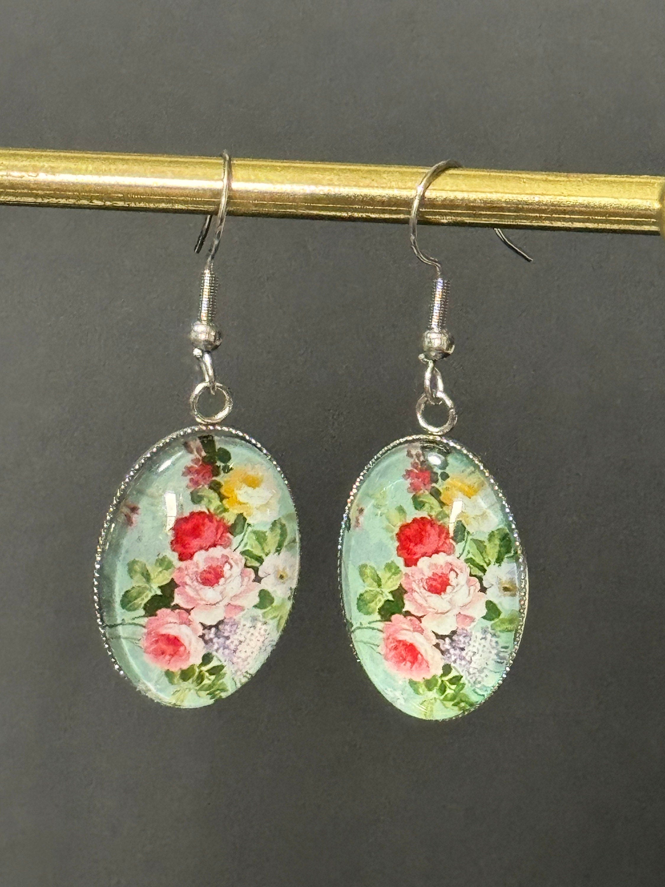 Garden flowers Green Pink roses oval glass cabochon pierced drop earrings non tarnish stainless steel