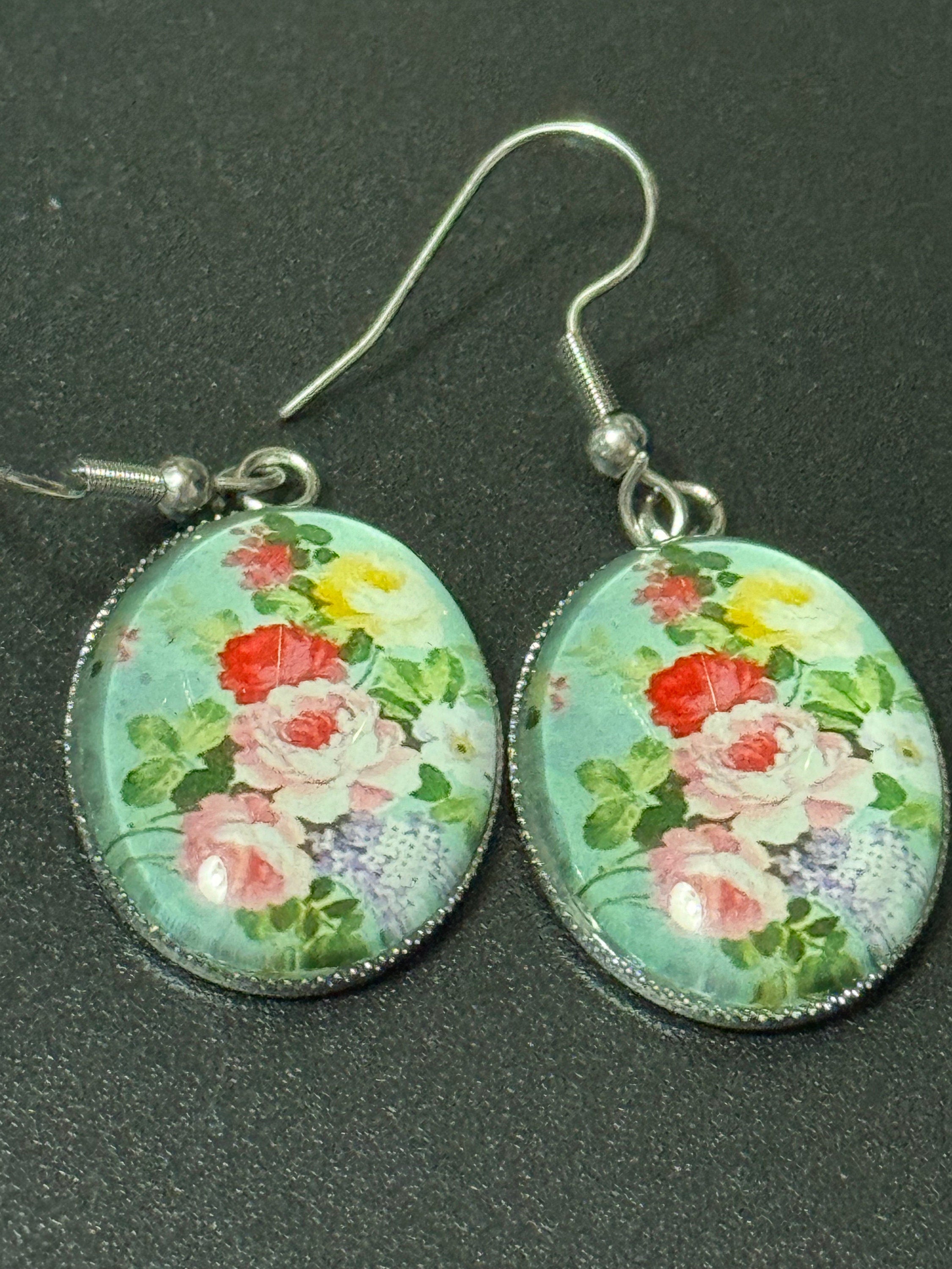 Garden flowers Green Pink roses oval glass cabochon pierced drop earrings non tarnish stainless steel
