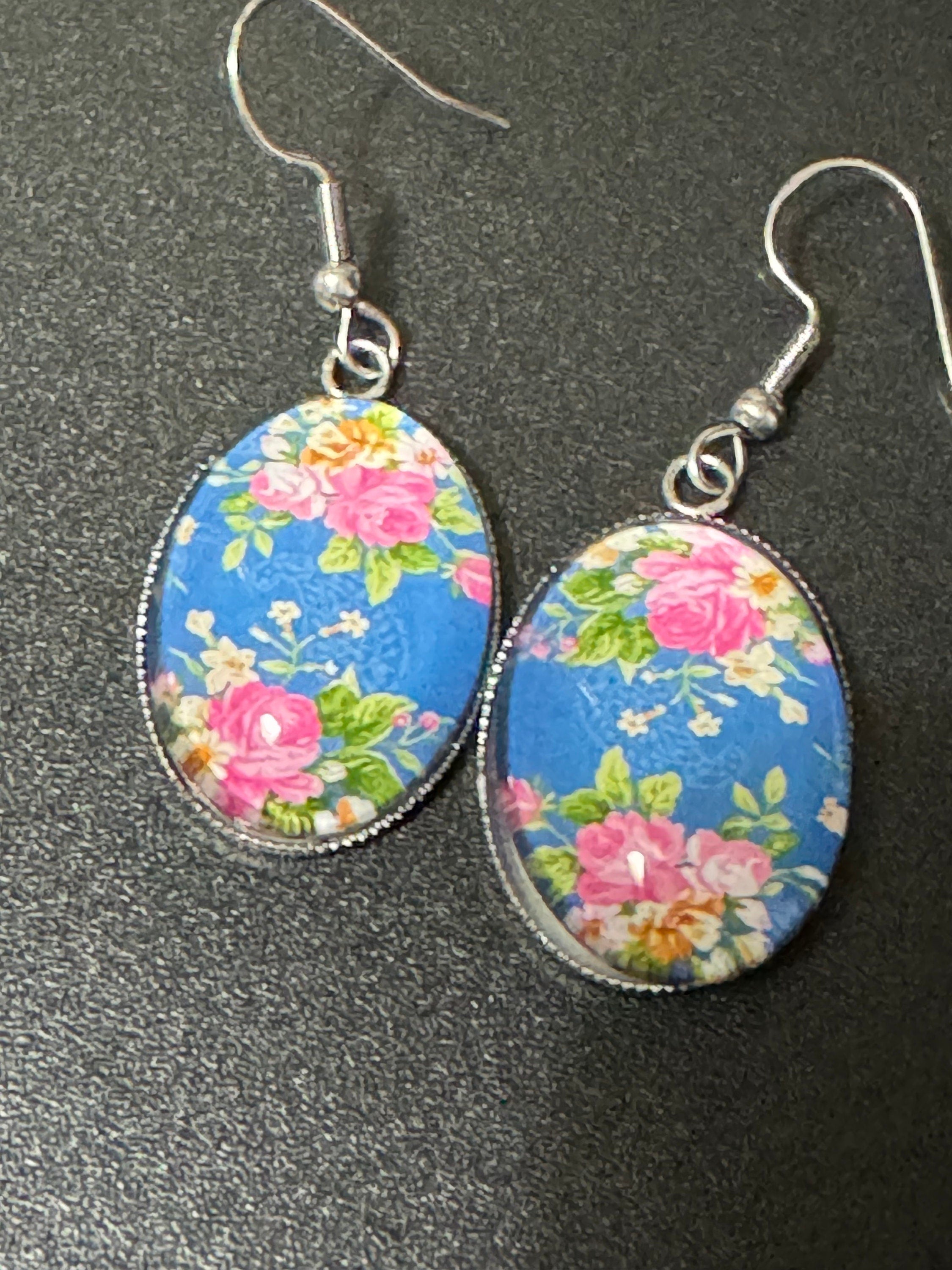 Rose Garden Stainless Steel Drop Earrings: Blue & Pink Floral Cabochon