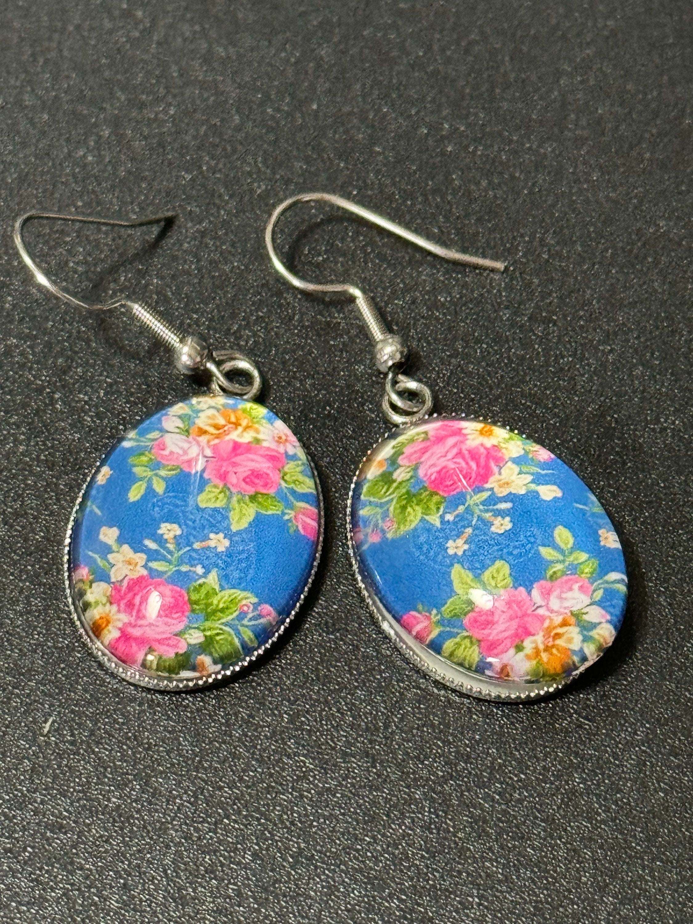 Rose Garden Stainless Steel Drop Earrings: Blue & Pink Floral Cabochon
