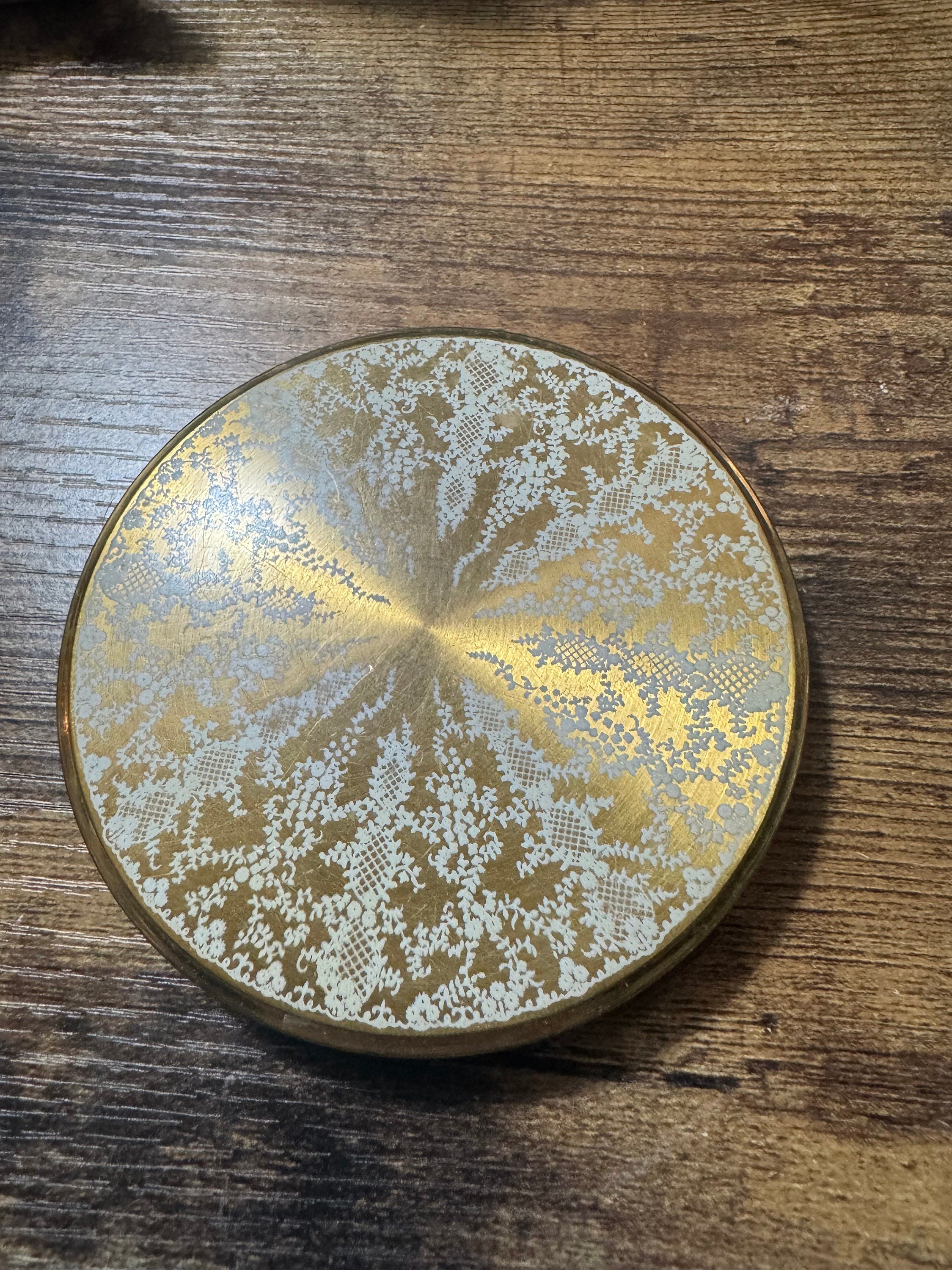 Oversized gold tone giant powder compact white lace design