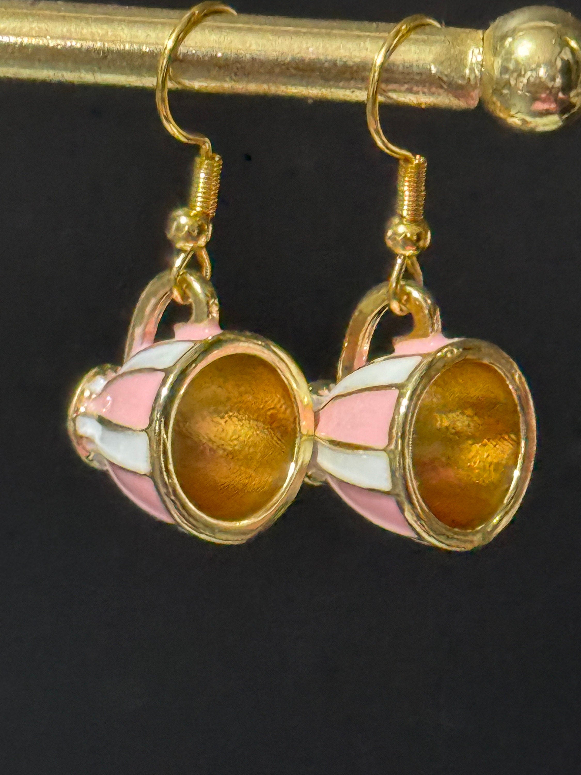 Pink and white stripes gilded tea cup novelty drop earrings Vintage tea-party
