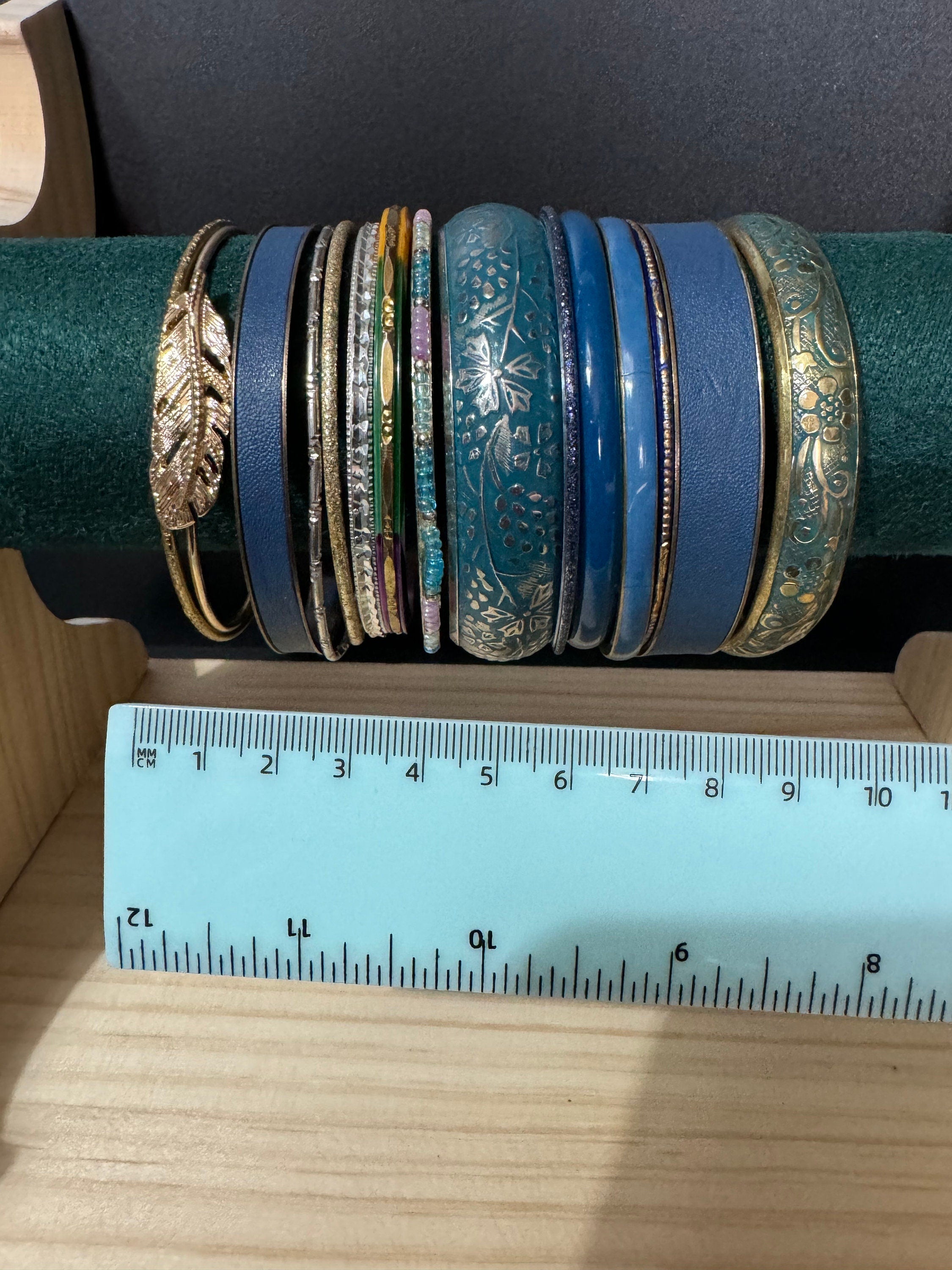 Armful of vintage blue and gold tones slim and wide tacking boho bangles