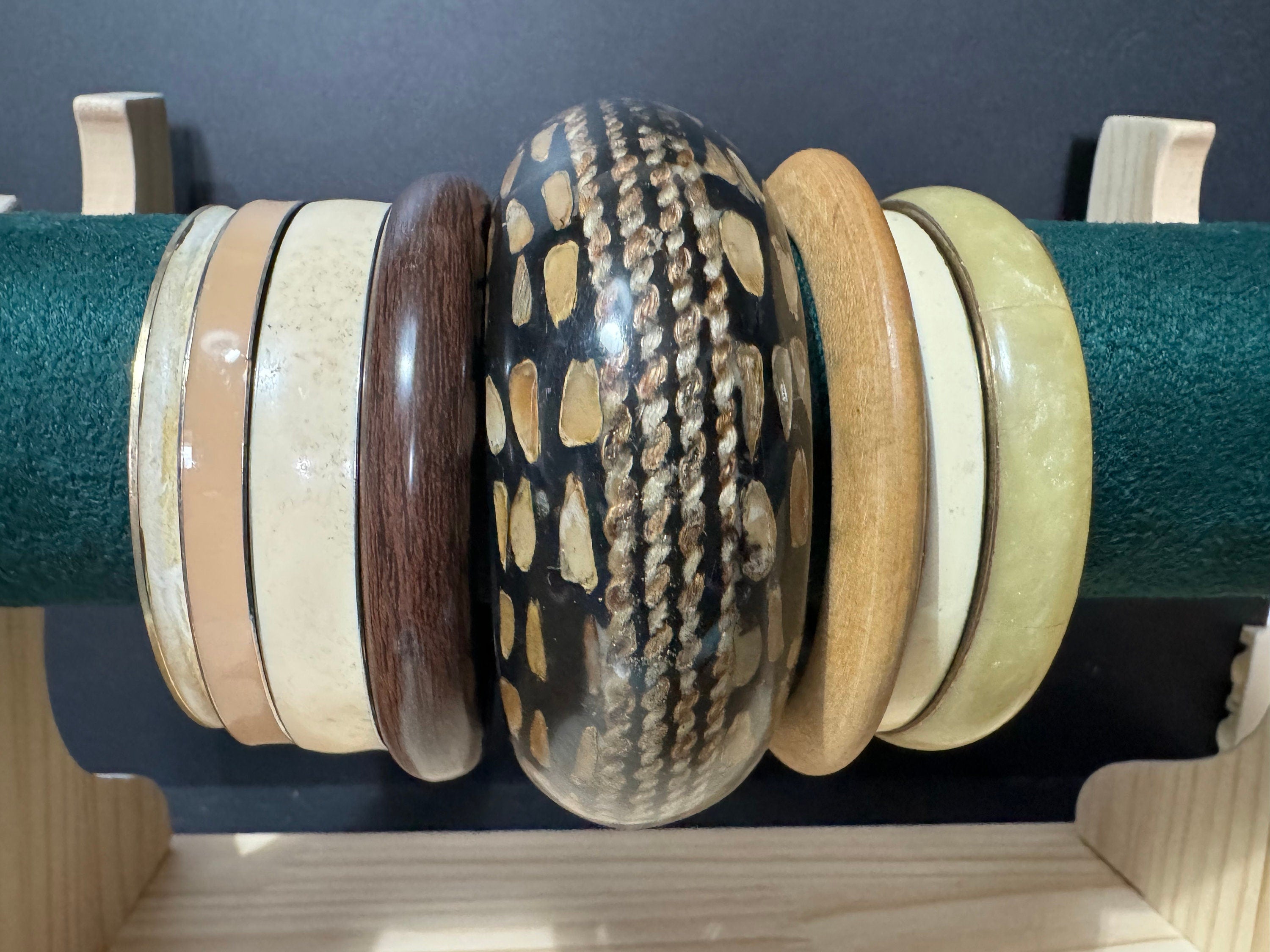 Armful of vintage neutrals brown cream beige and gold tones slim and wide tacking boho bangles
