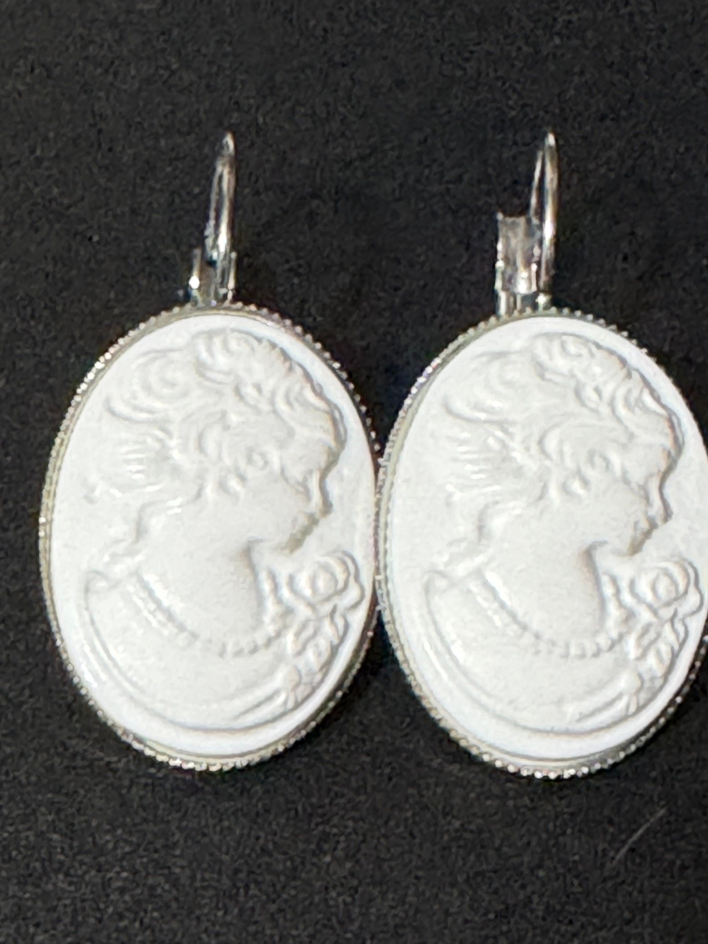 Antique style handmade white resin cameo lady stainless steel oval lever back drop earrings