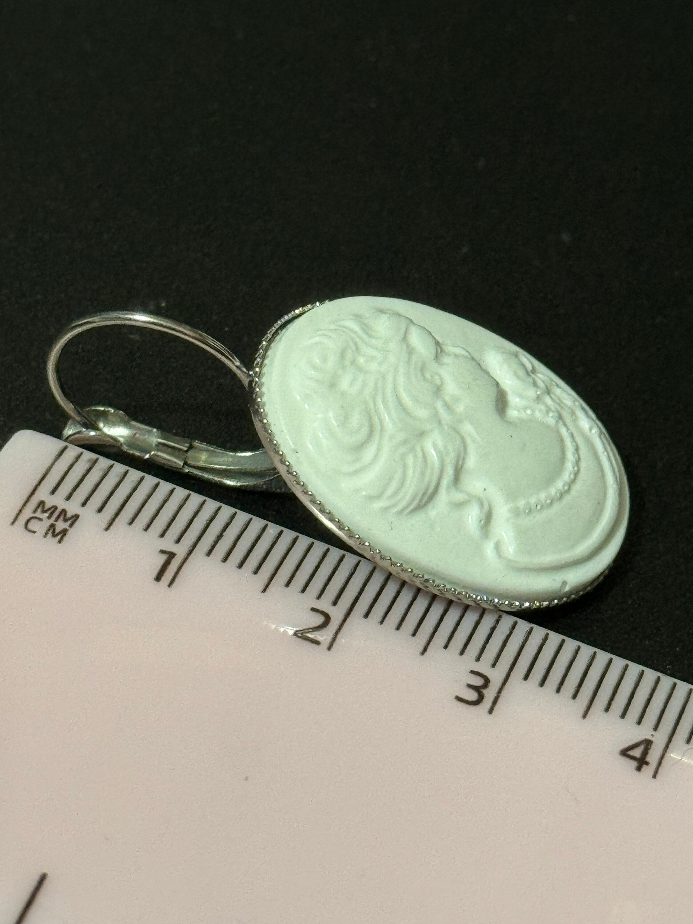 Antique style handmade white resin cameo lady stainless steel oval lever back drop earrings
