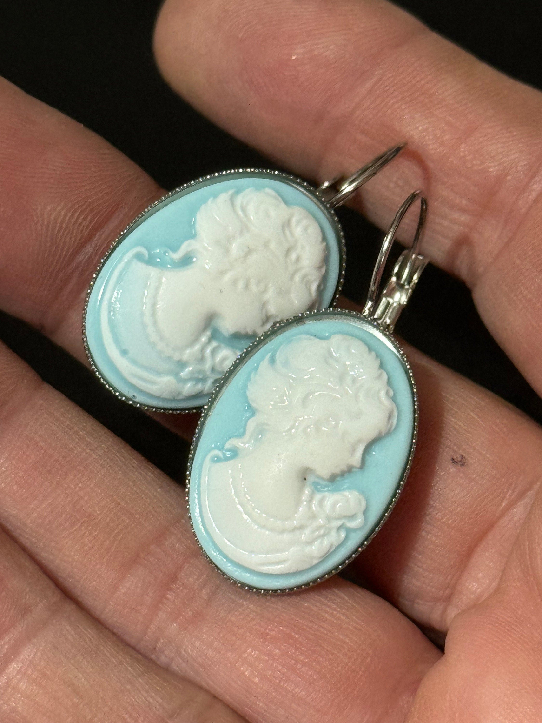 Antique style handmade Blue resin cameo lady stainless steel oval lever back drop earrings