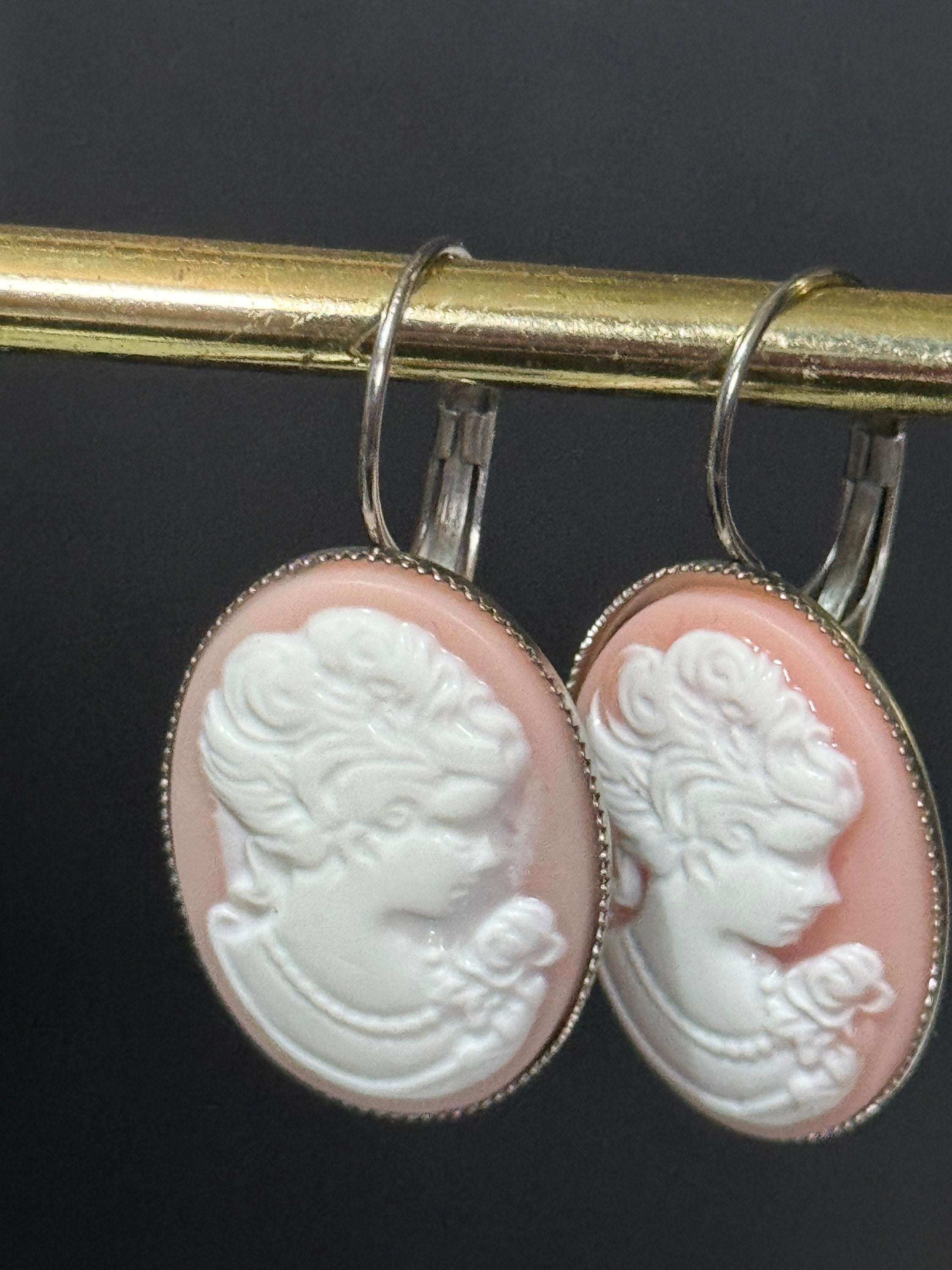 Antique style handmade light pink resin cameo lady stainless steel oval lever back drop earrings
