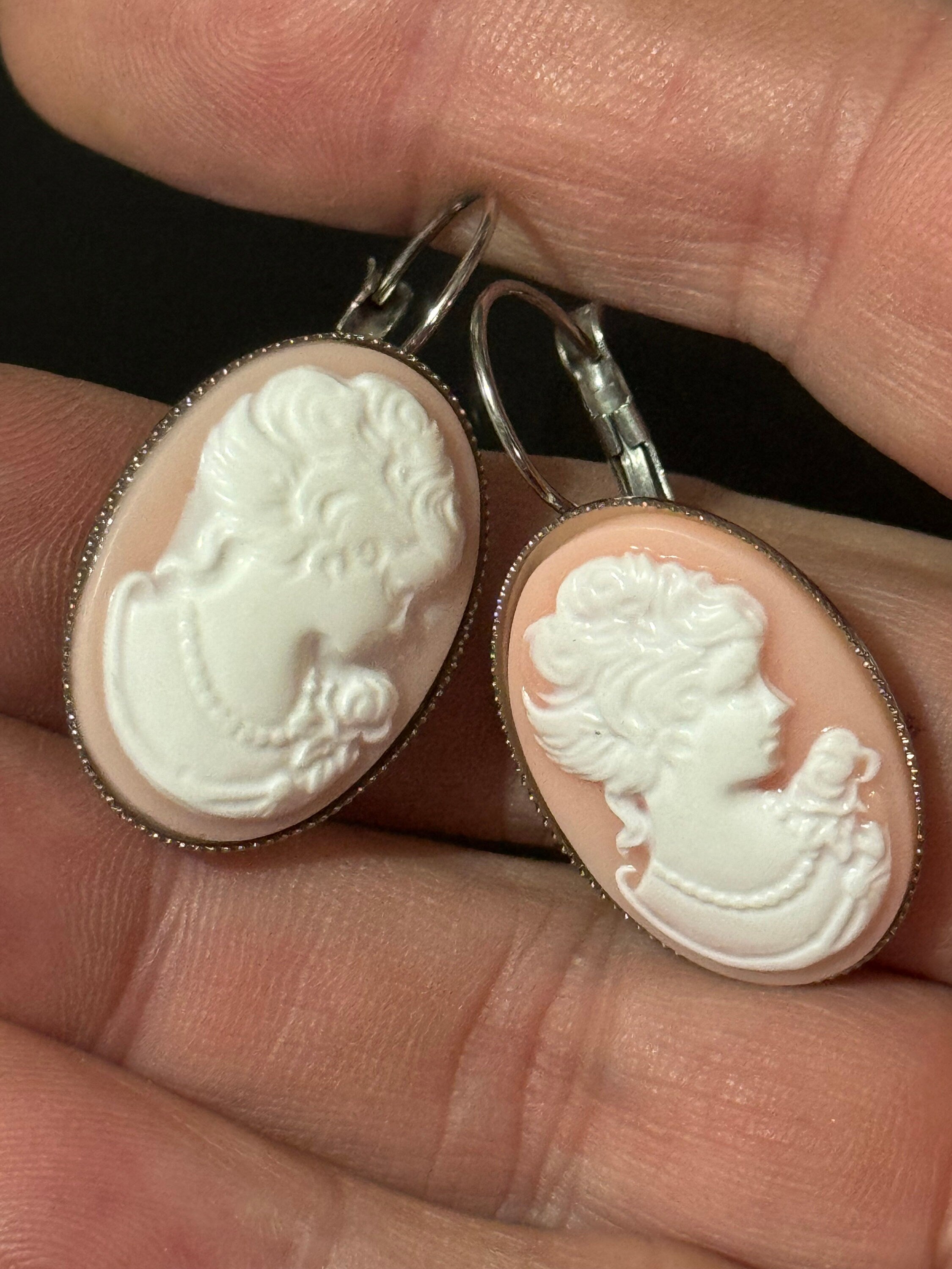 Antique style handmade light pink resin cameo lady stainless steel oval lever back drop earrings