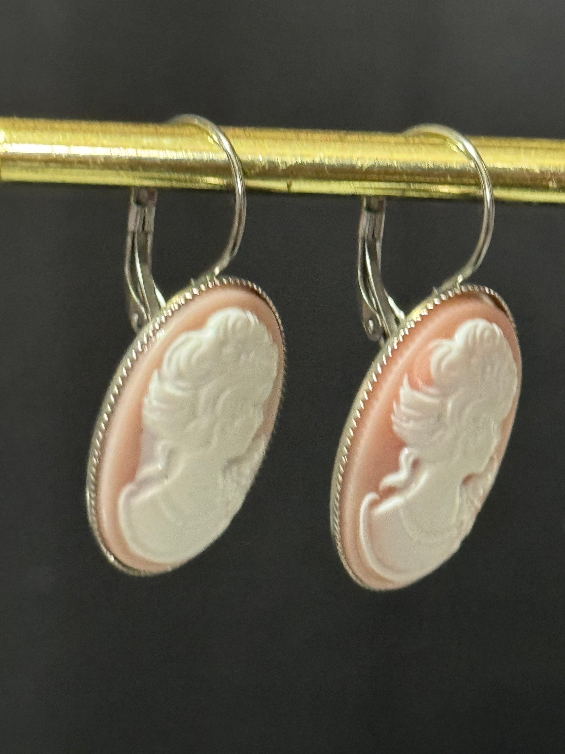 Antique style handmade light pink resin cameo lady stainless steel oval lever back drop earrings
