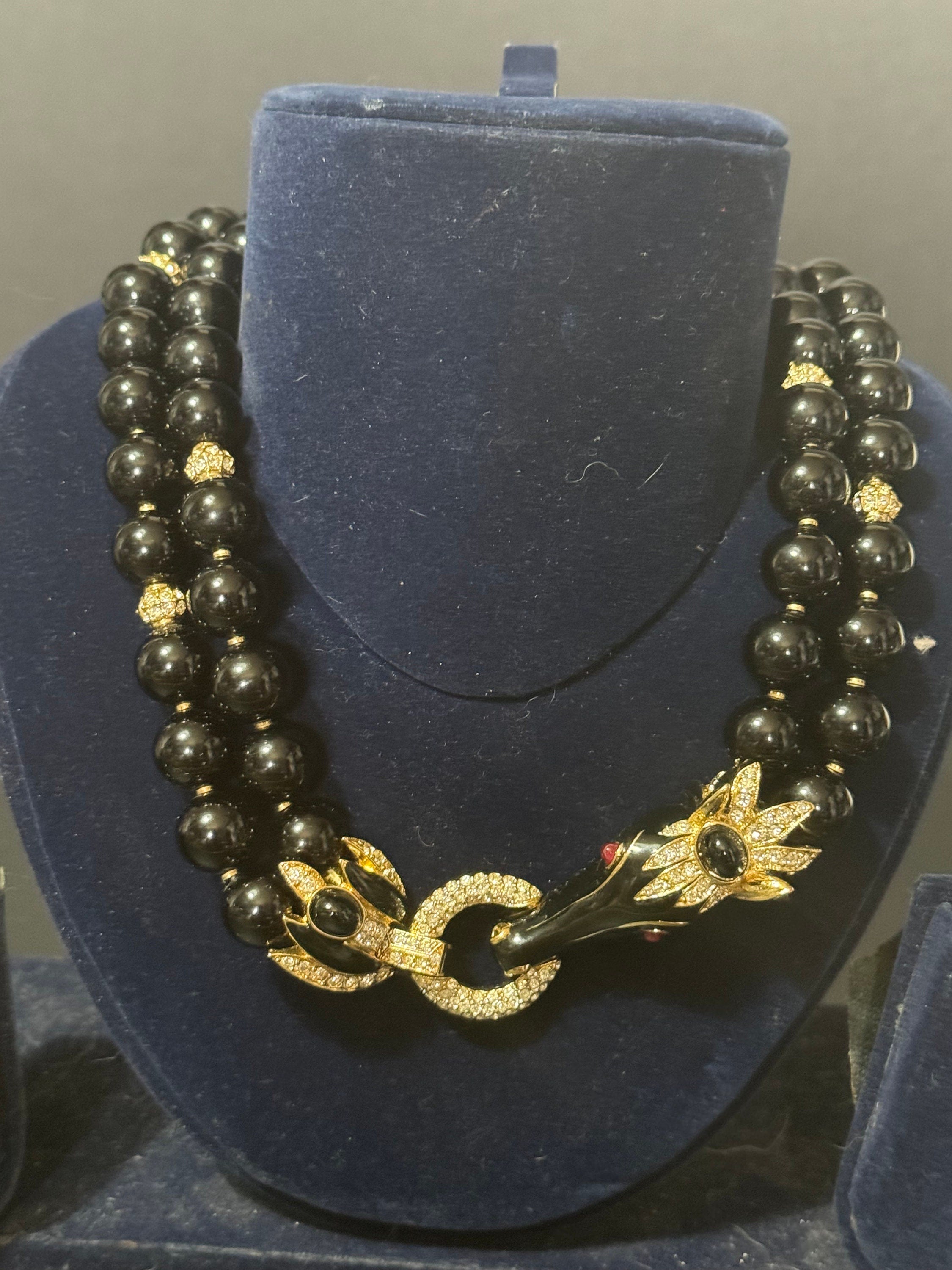 High end horse head black beaded rhinestone and cabochon choker