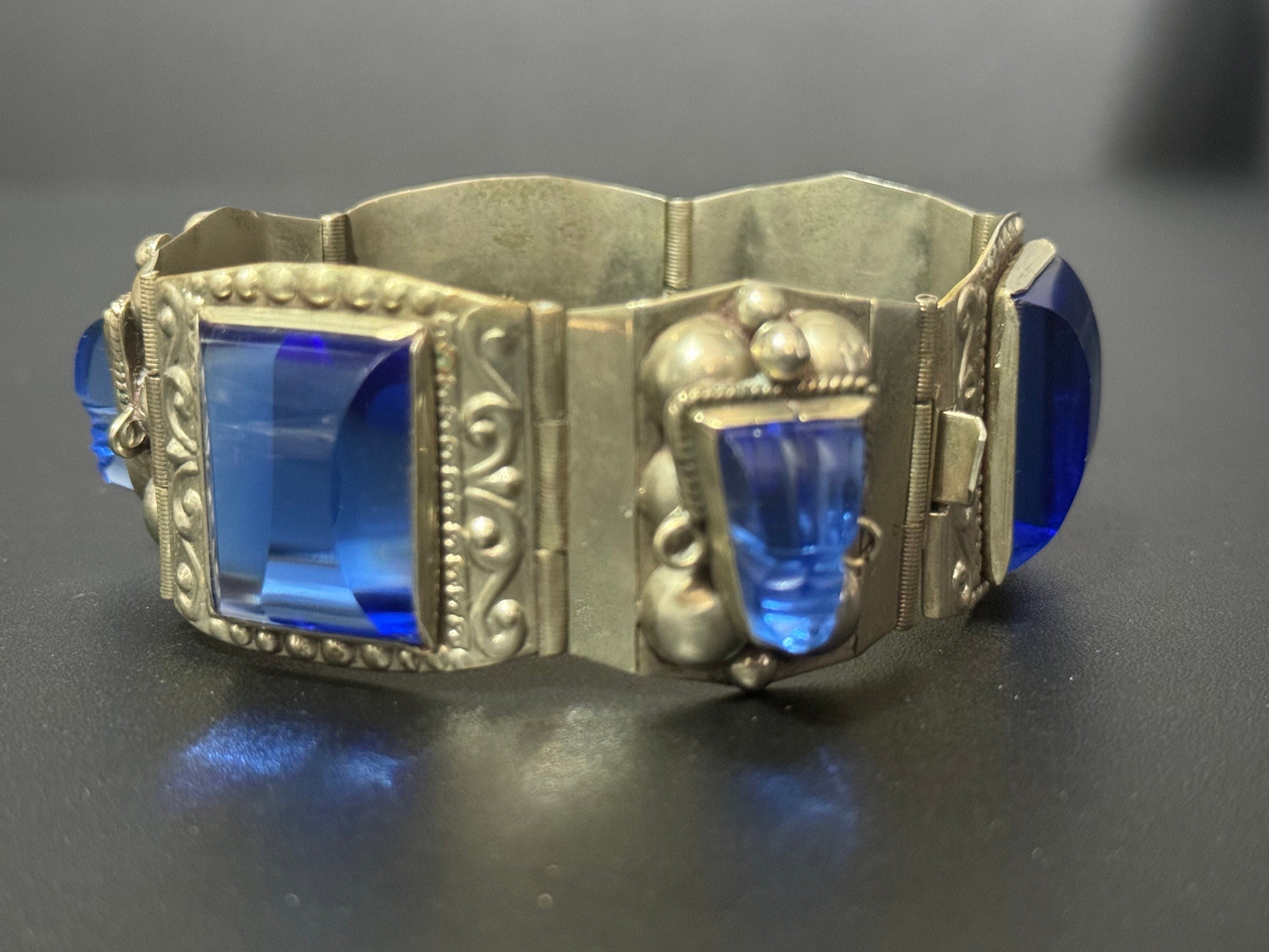 Vintage 1960s TAXCO Mexican Sterling Silver Blue Glass Bracelet