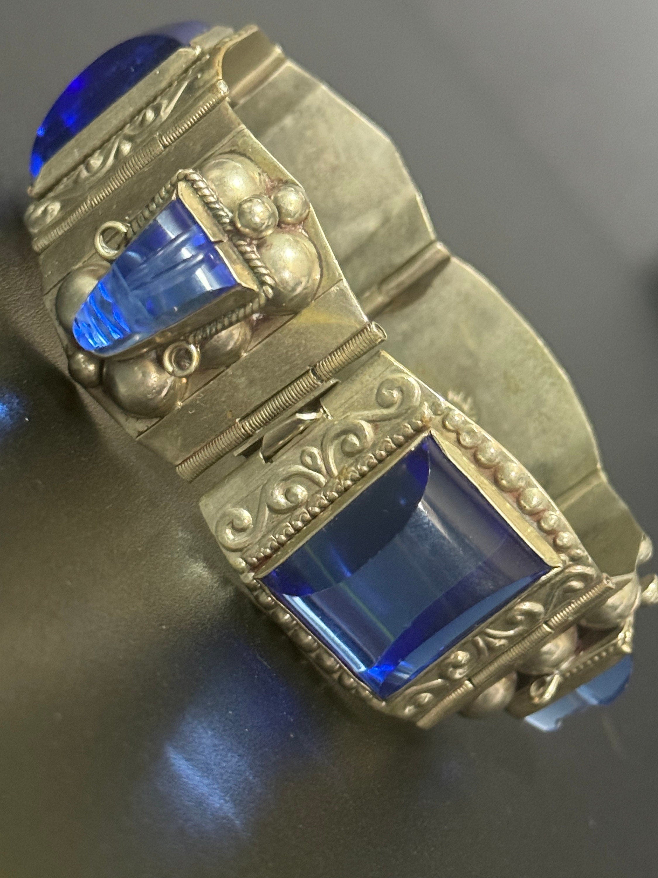 Vintage 1960s TAXCO Mexican Sterling Silver Blue Glass Bracelet