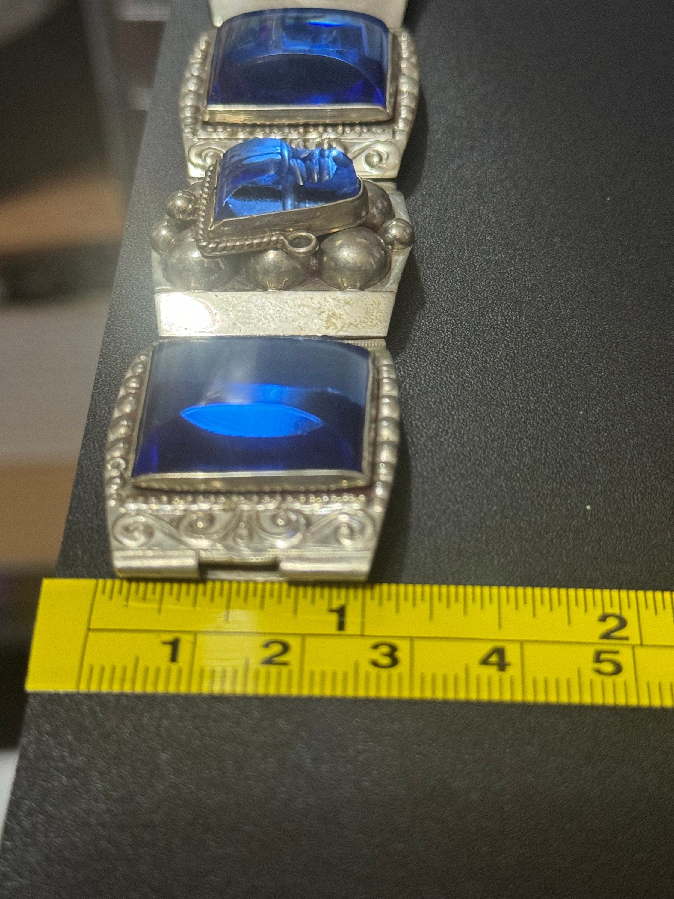 Vintage 1960s TAXCO Mexican Sterling Silver Blue Glass Bracelet