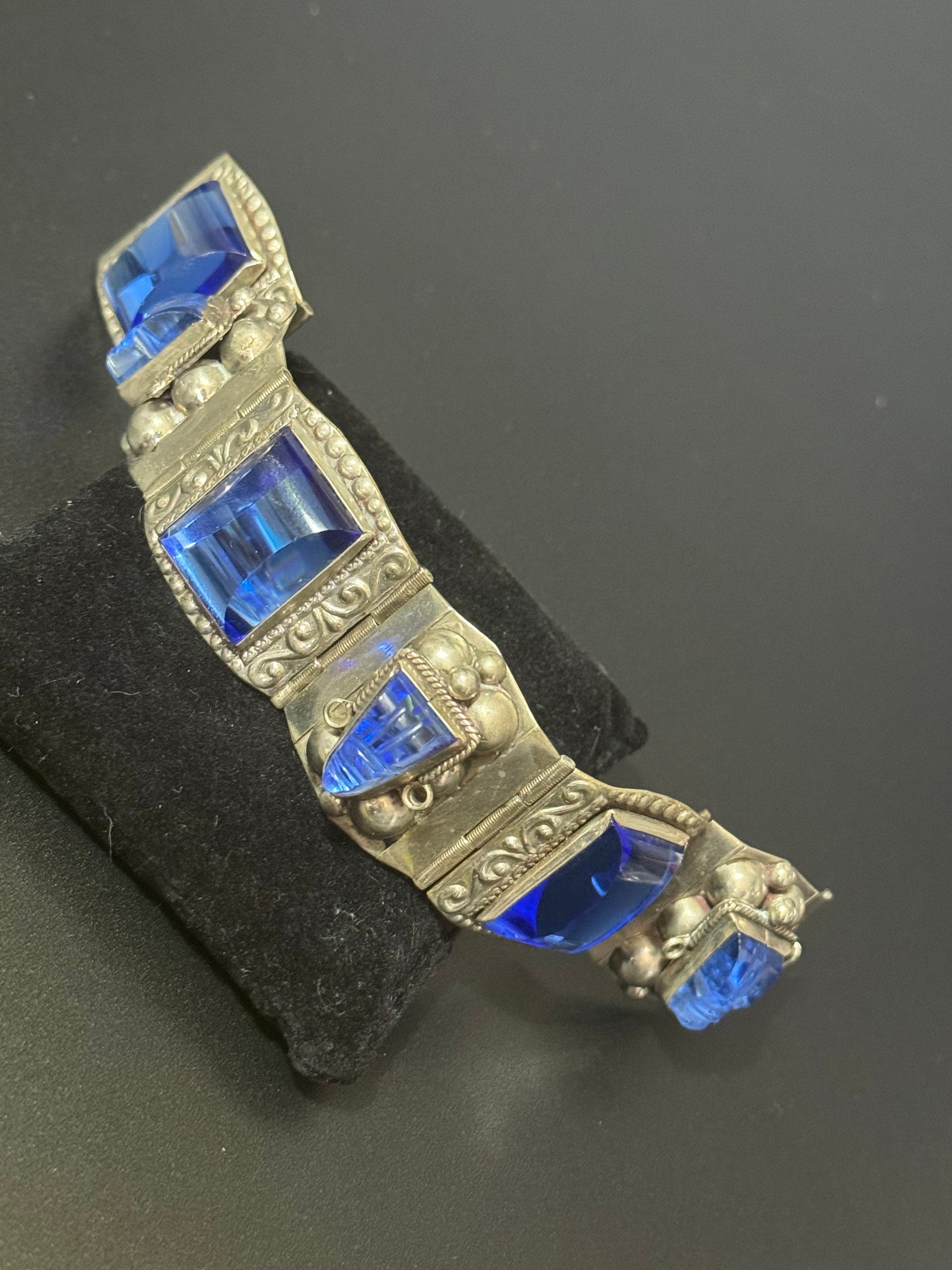 Vintage 1960s TAXCO Mexican Sterling Silver Blue Glass Bracelet