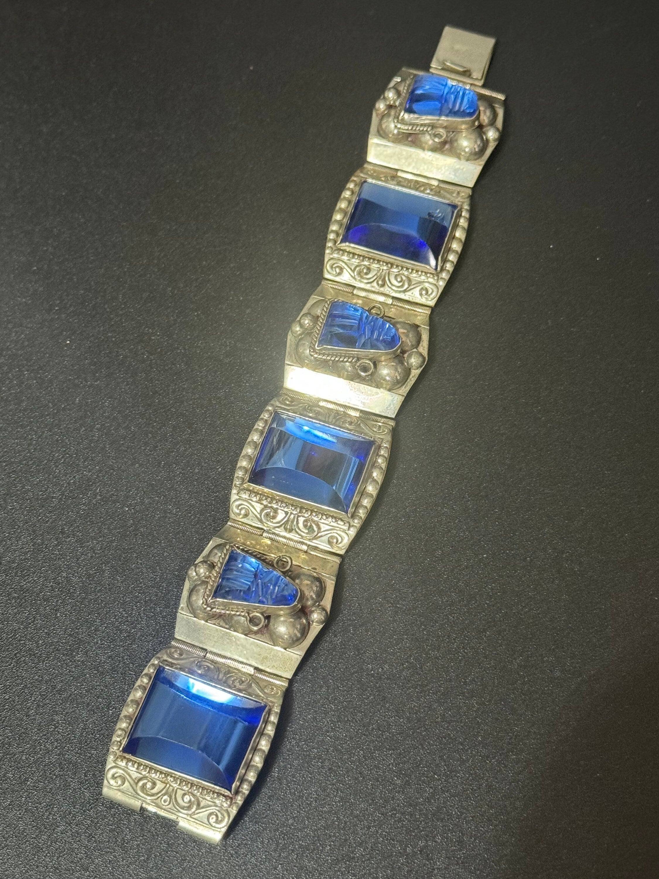 Vintage 1960s TAXCO Mexican Sterling Silver Blue Glass Bracelet