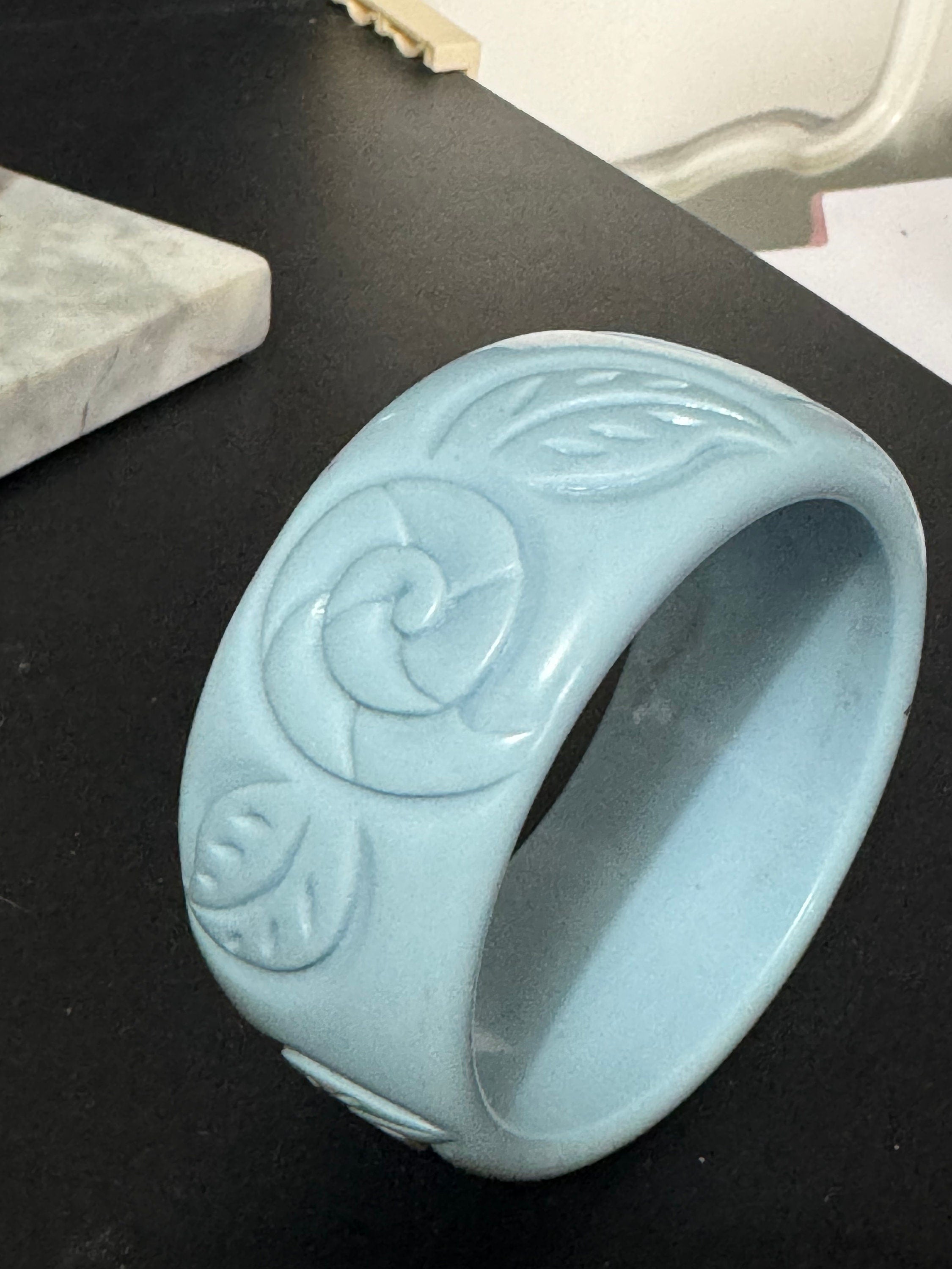 Light blue floral vintage chunky oversized abstract wide acrylic plastic bangle bracelet