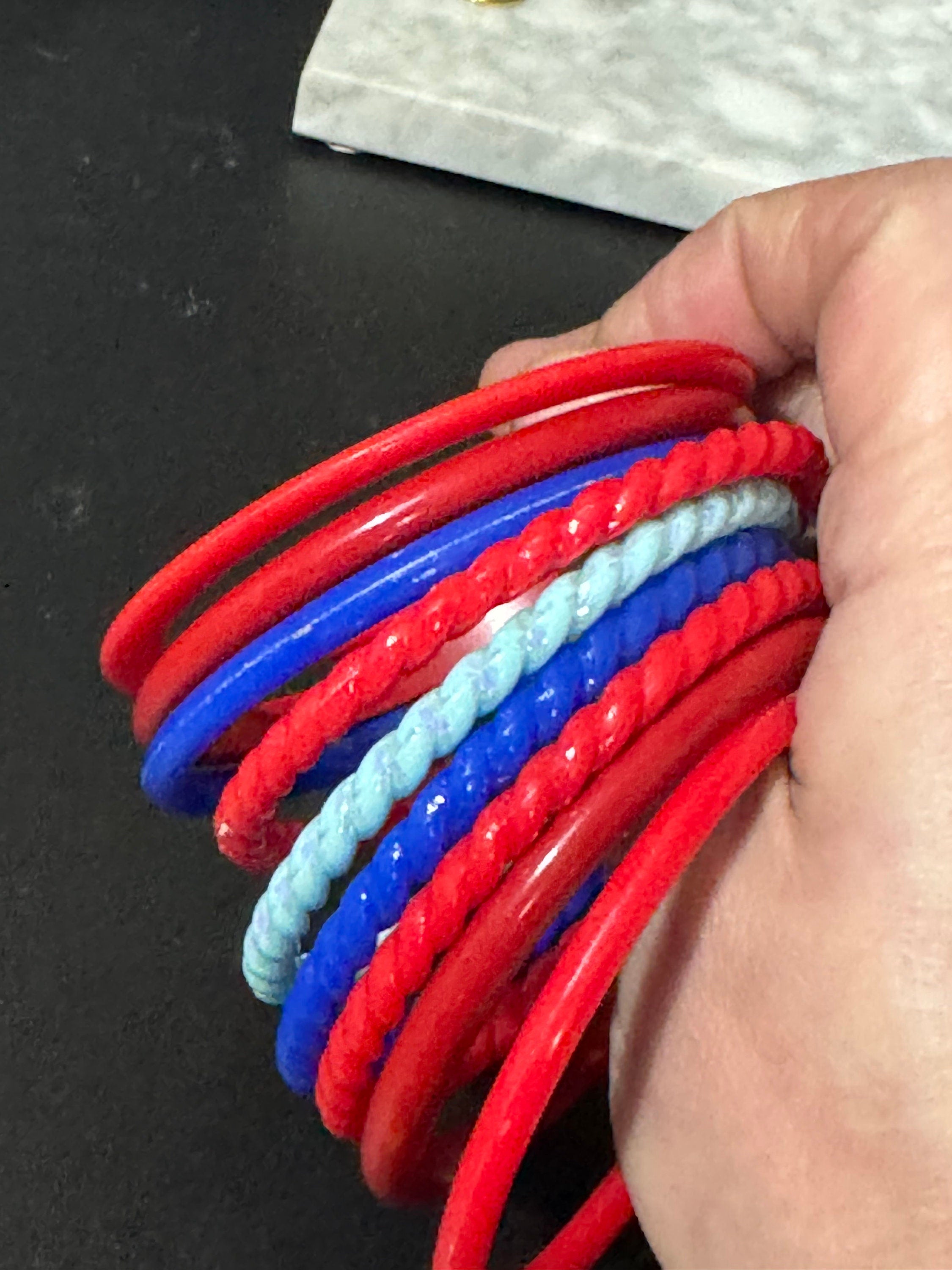 Vintage stack of RED and BLUE plastic bangles retro acrylic bracelets