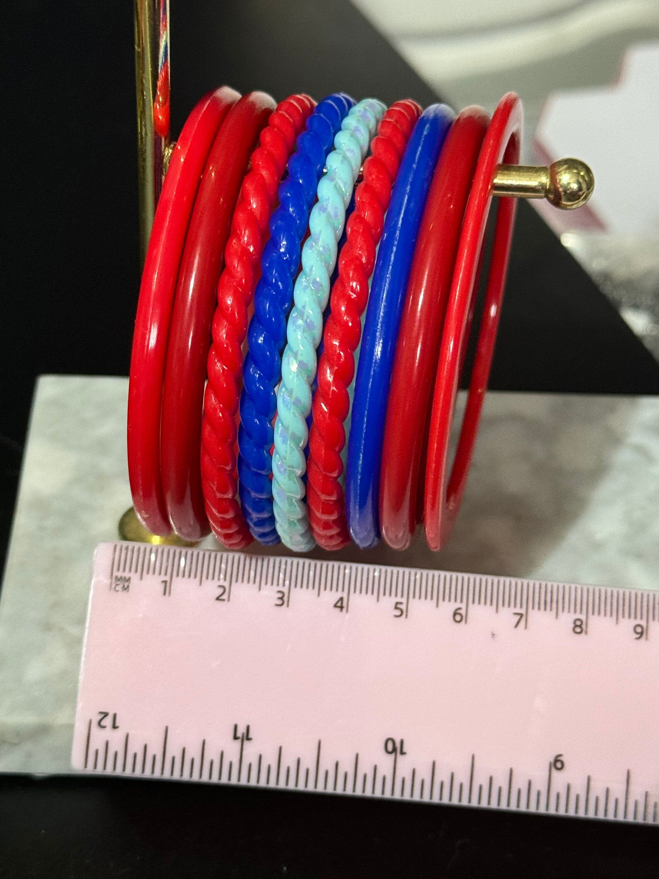 Vintage stack of RED and BLUE plastic bangles retro acrylic bracelets
